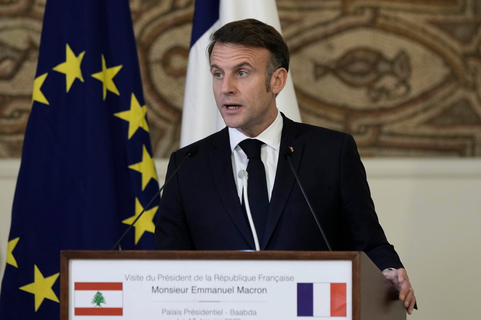 French President Emmanuel Macron speaks during a join news conference with Lebanese President Joseph Aoun at the presidential palace in Baabda, in east of Beirut, Lebanon, Friday, Jan. 17, 2025. (AP Photo/Bilal Hussein)