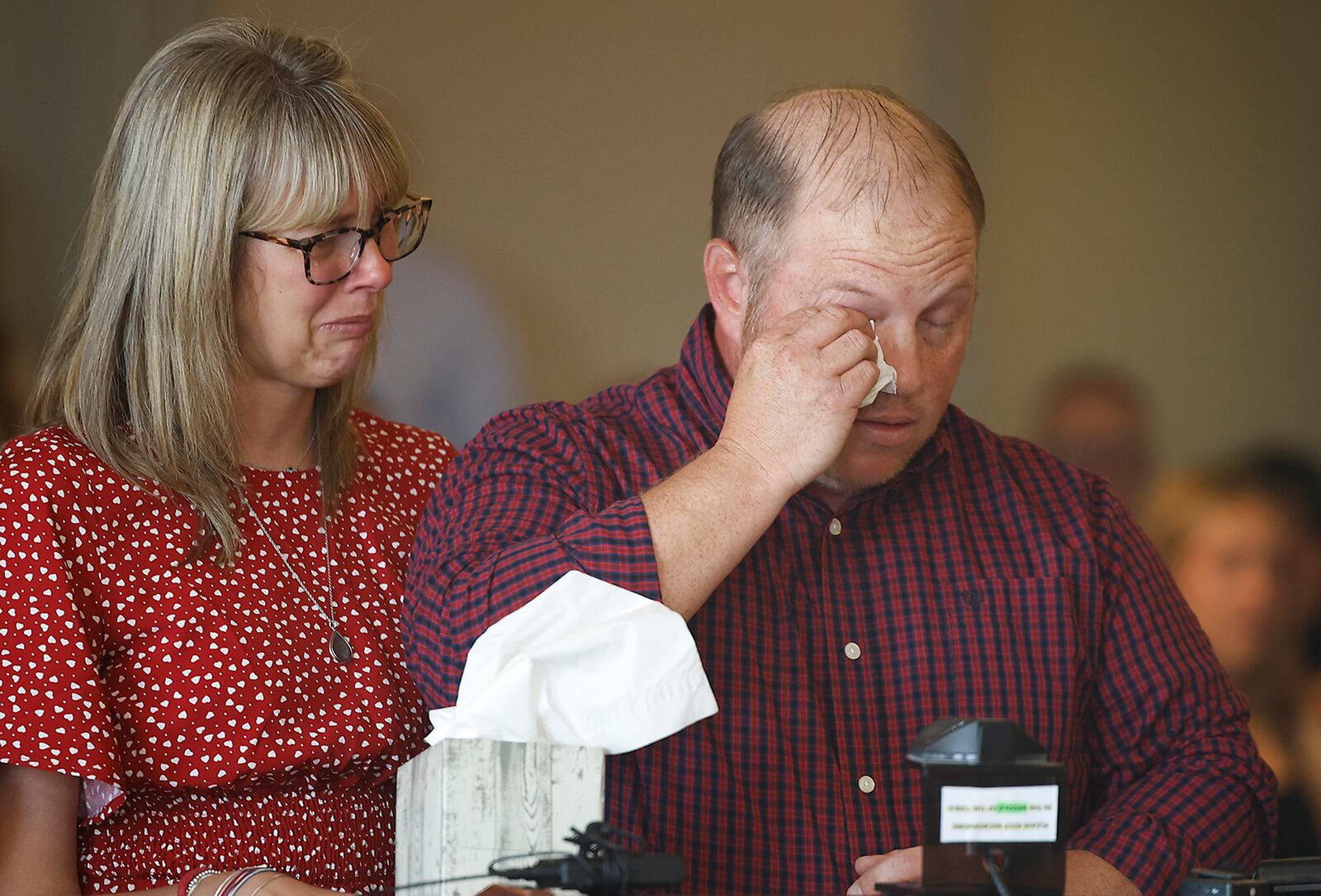 Nathan and Danielle Clark, the parents of Aiden Clark, fights back tears as he make a statement during the sentencing of Hermanio Joseph Tuesday, May 21, 2024 in Clark County Common Pleas Court. BILL LACKEY/STAFF