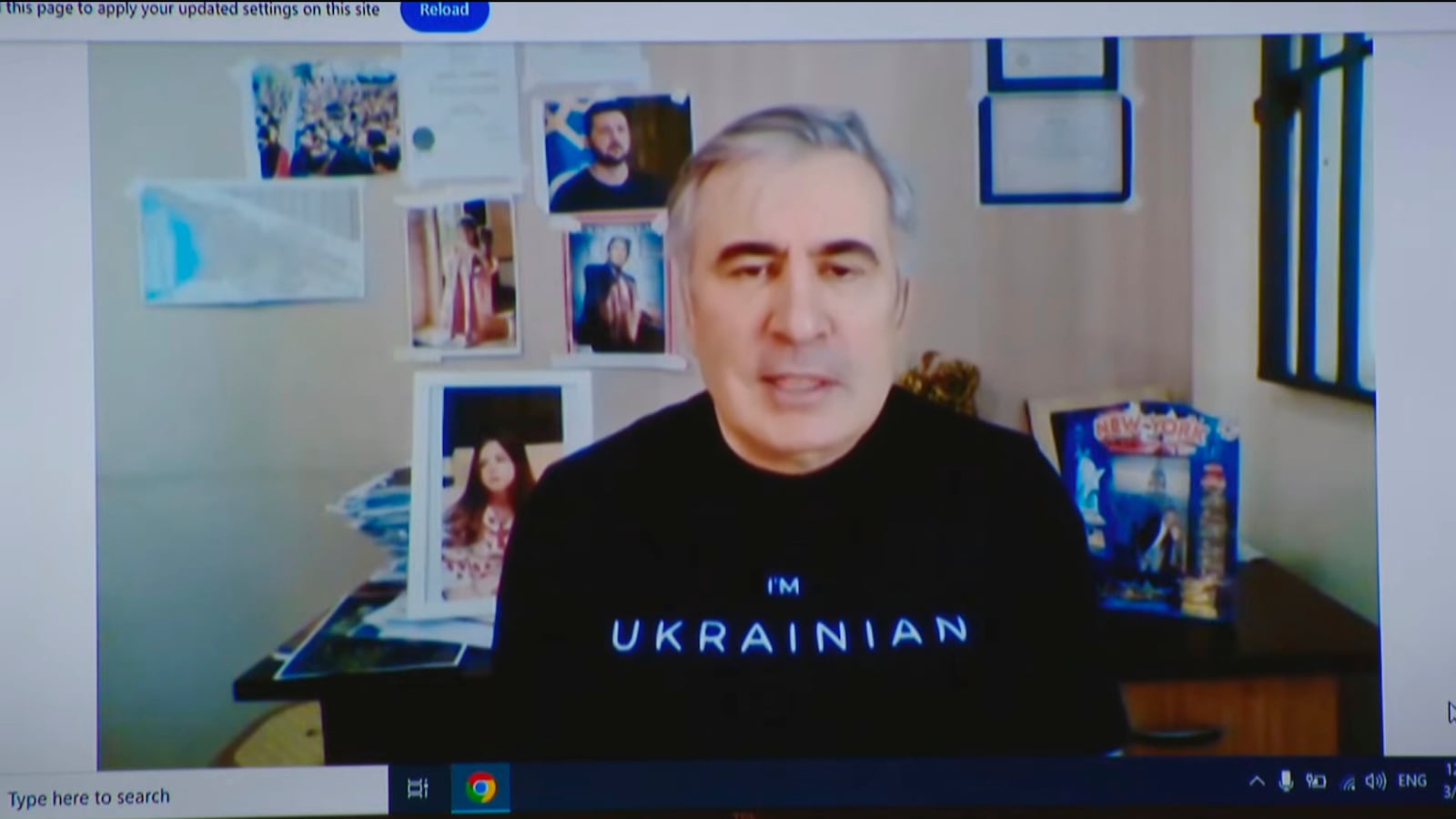 In this photo taken from video, Georgia's jailed ex-President Mikheil Saakashvili appears on a screen via a video link from a prison during a court hearing in Tbilisi, Georgia, on Monday, March 17, 2025. (TV formula via AP)