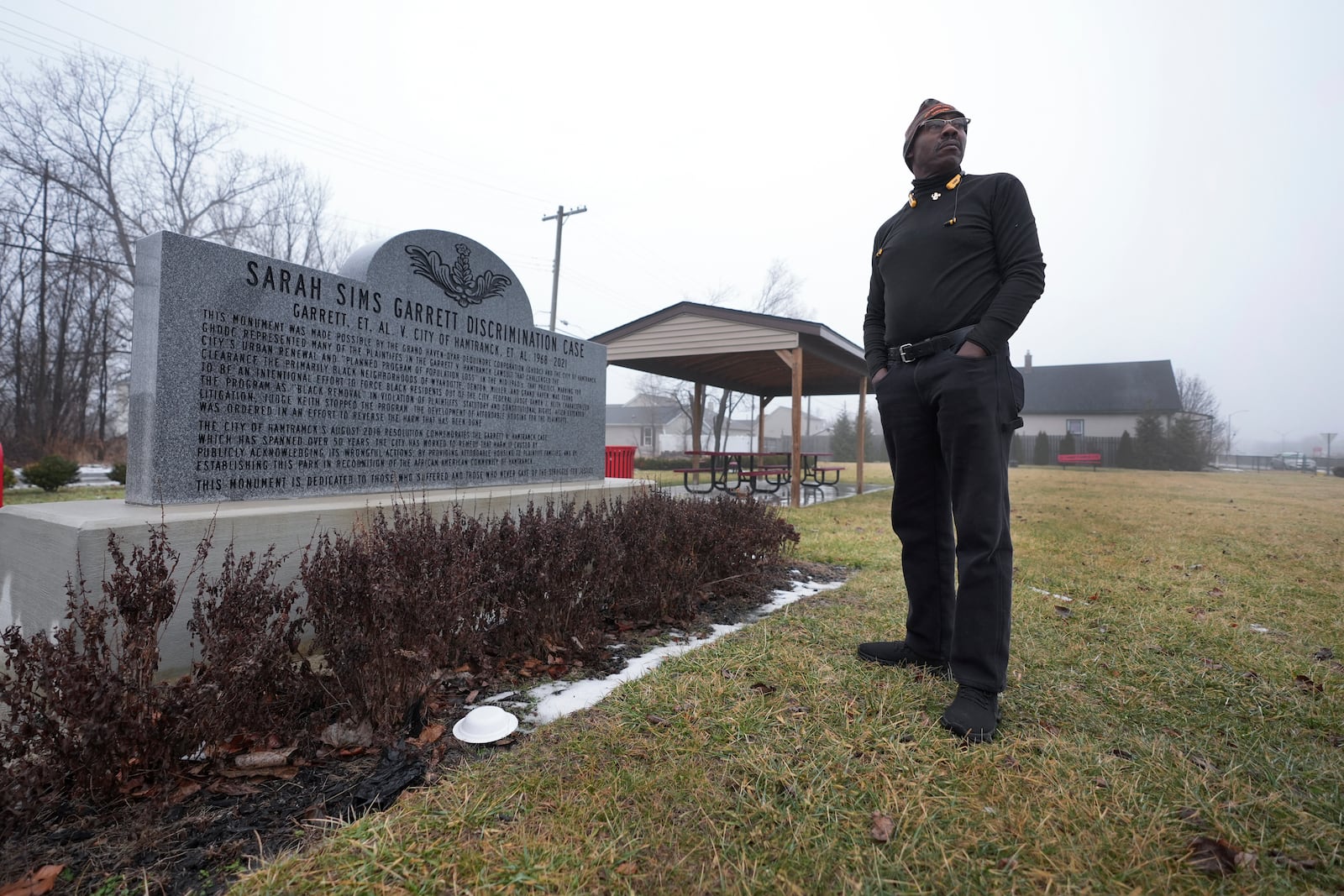 Dwydell Garrett stands in Sarah Sims Garrett Memorial Park, Friday, Jan. 31, 2025, in Hamtramck, Mich. (AP Photo/Paul Sancya)