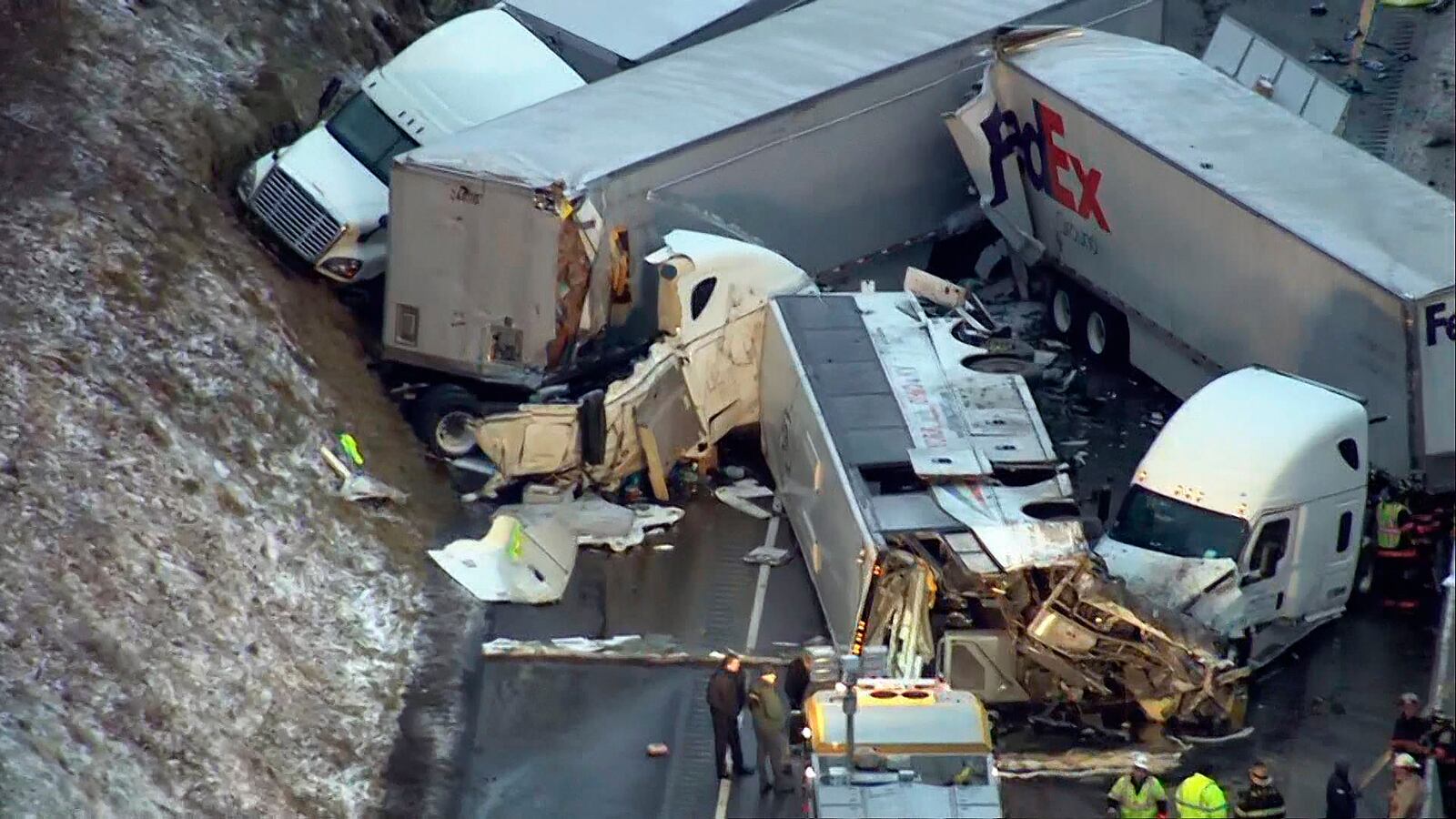 FILE – This Jan. 5, 2020 image from video, provided by KDKA-TV, shows the scene near Greensburg, Pa. along the Pennsylvania Turnpike where five people were killed and dozens were injured in the crash that involved multiple vehicles. (KDKA TV via AP, File)