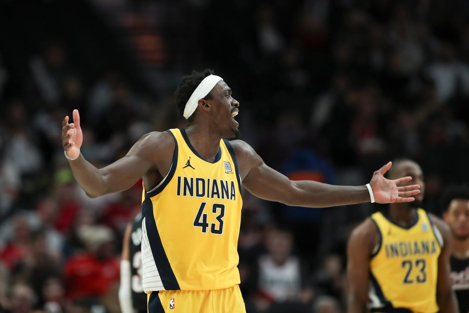 Indiana Pacers forward Pascal Siakam (43) reacts to a call during the first half of an NBA basketball game against the Portland Trail Blazers, Tuesday, Feb. 4, 2025, in Portland, Ore. (AP Photo/Amanda Loman)