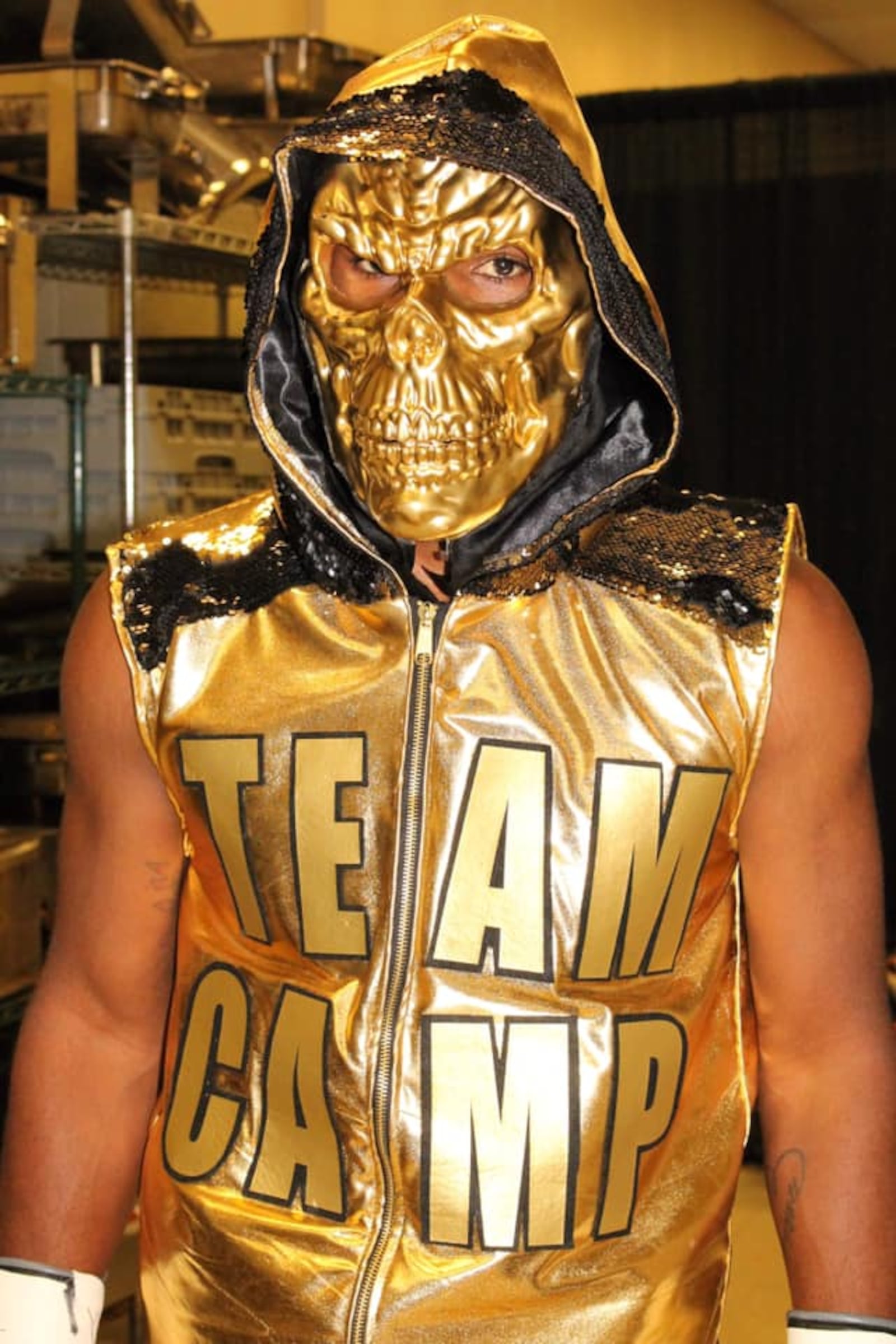 Jeff “ The Nightmare” Camp, the promising Dayton pro boxer in the gold uniform and mask he’d wear into the ring. CONTRIBUTED