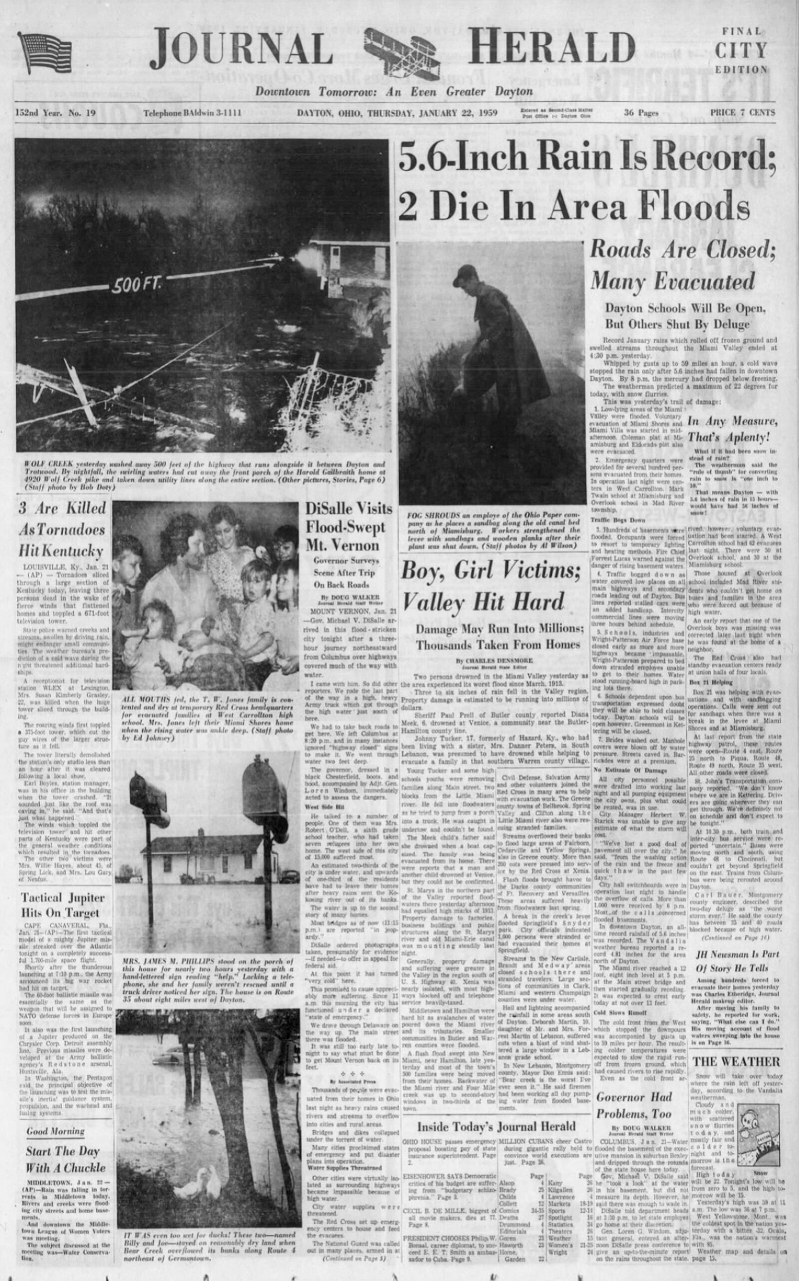 As much as 5.6 inches of rain ran off frozen ground in January 1959 and caused localized flooding, which forced evacuations, closed schools, destroyed property and took at least two area lives, according to Dayton Daily News accounts from the time. During that time, the five Miami Conservancy District dams held back the largest amount of water since they were completed in 1922, preventing a greater catastrophe like the Great Flood of 1913. 