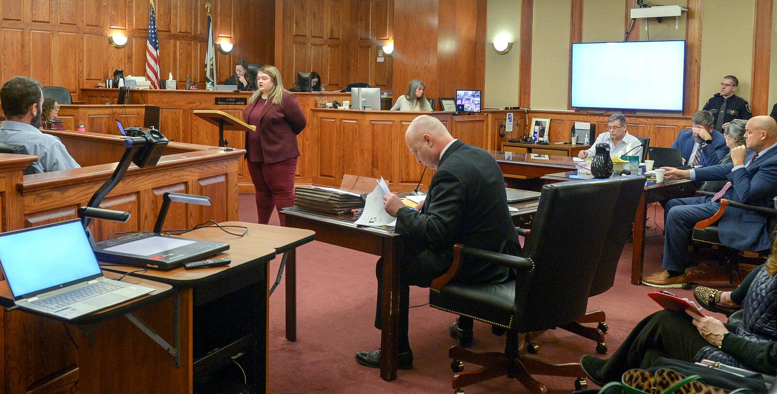 Kanawha County Assistant Prosecutor Madison Tuck gives the prosecutors' opening statement to the jury on the first day of the trial of Donald Lantz and Jeanne Whitefeather in Kanawha County Circuit Court Judge Maryclaire Akers courtroom Tuesday, Jan. 14, 2025, in Charleston, W.Va. (Chris Dorst/Charleston Gazette-Mail via AP)