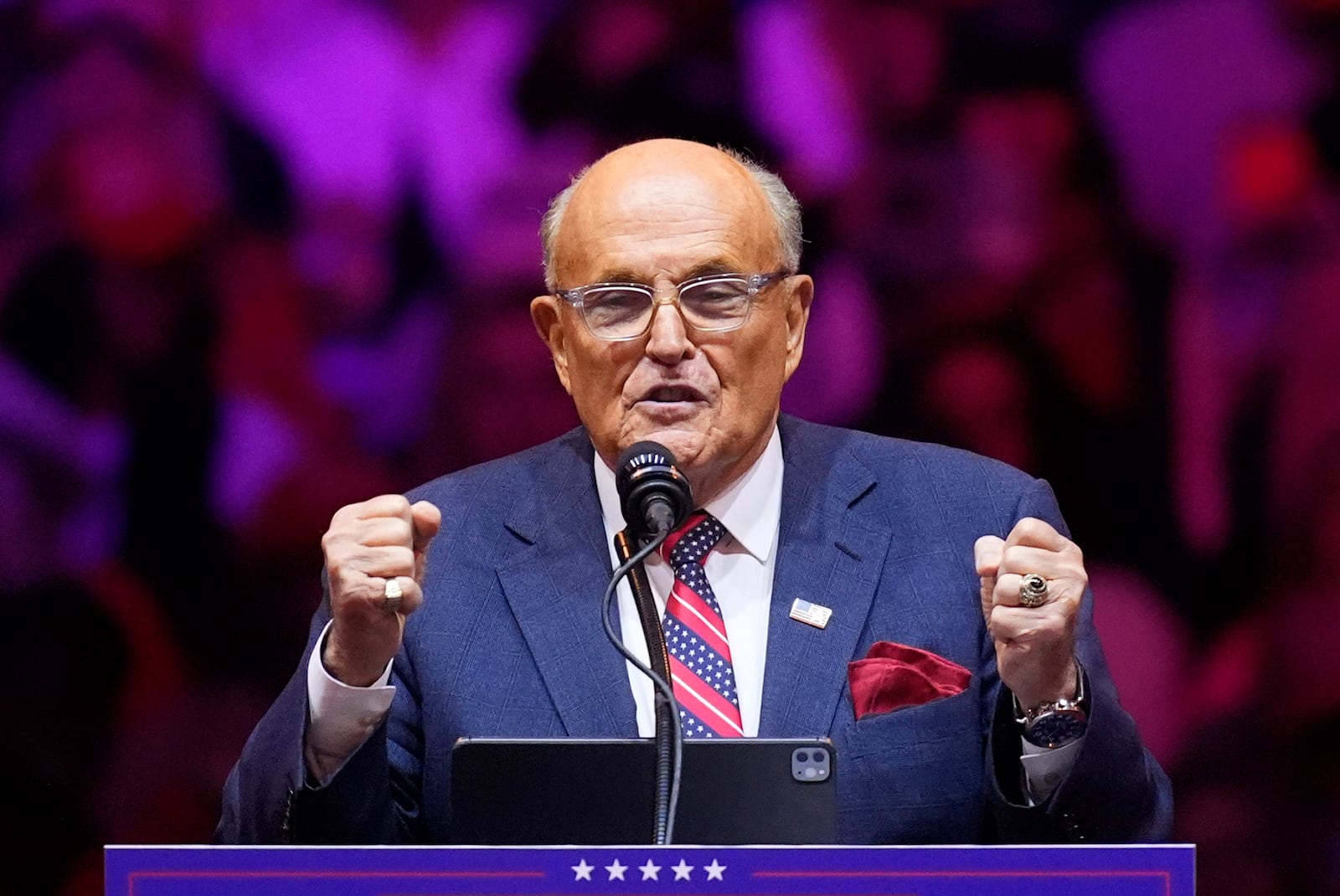 Rudy Giuliani speaks before Republican presidential nominee former President Donald Trump speaks at a campaign rally at Madison Square Garden, Sunday, Oct. 27, 2024, in New York. (AP Photo/Evan Vucci)