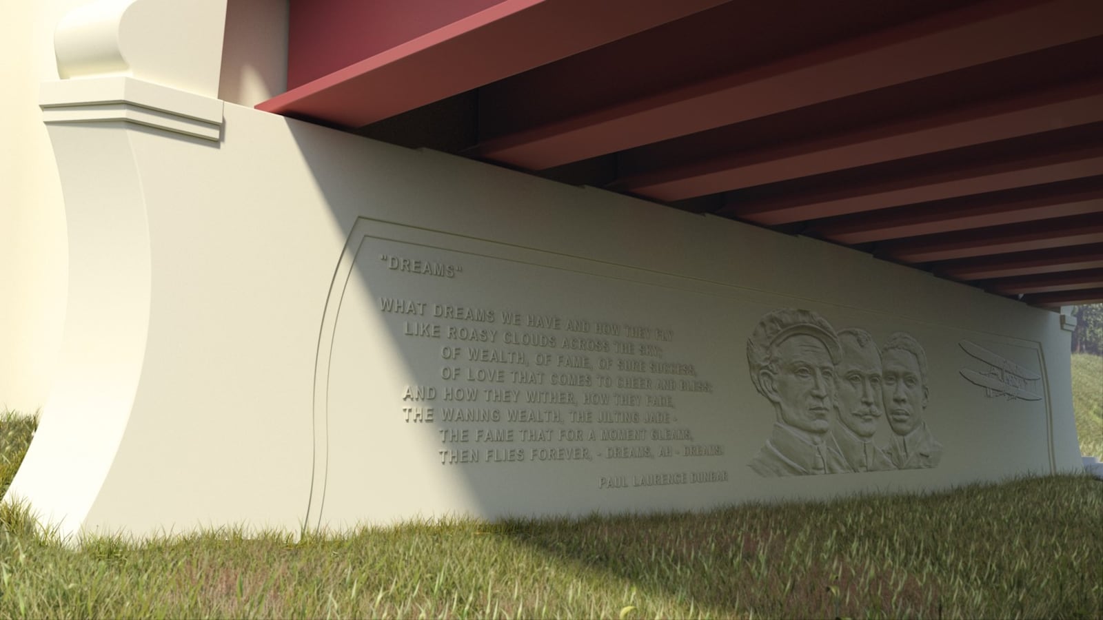 An architect's rendering shows a bas-relief panel honoring the Wright brothers on a pier of a planned $21.6 million Third Street bridge across the Great Miami River. Construction is set to begin in 2020 and conclude by the end of 2022. SUBMITTED / CREATIVE DESIGN RESOLUTIONS, INC.