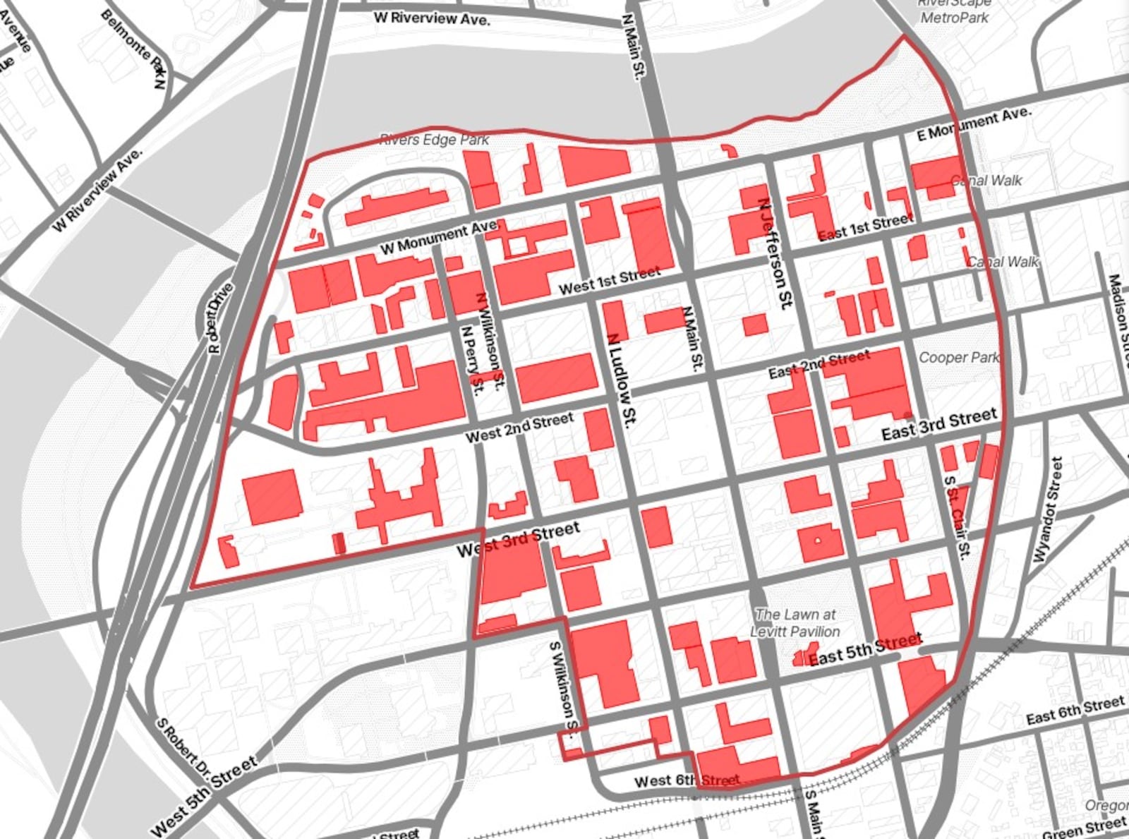 This map, created by the Parking Reform Network, shows surface lots and parking garages in Dayton's central business district. CONTRIBUTED