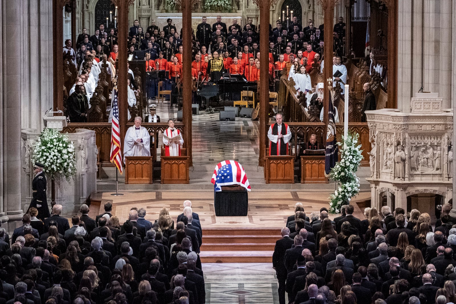 The casket of former President Jimmy Carter is pictured during a state funeral at the National Cathedral, Thursday, Jan. 9, 2025, in Washington. (Haiyun Jiang/The New York Times via AP, Pool)