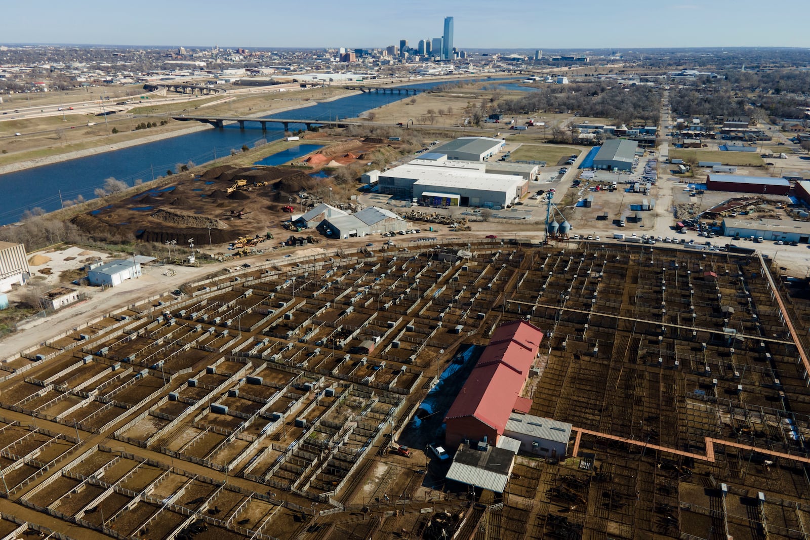 The downtown Oklahoma City skyline is visible behind the Oklahoma National Stockyards Tuesday, Jan. 14, 2025. (AP Photo/Julio Cortez)