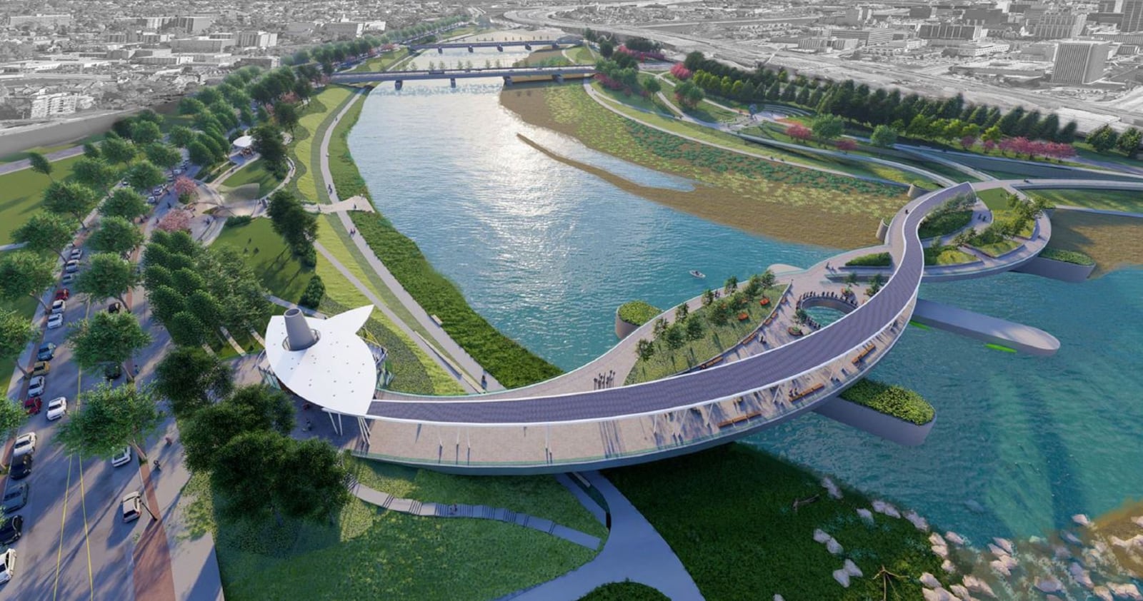 A rendering of a proposed pedestrian bridge and park-over-the-river connecting the existing Sunrise MetroPark and the proposed Sunset park. CONTRIBUTED