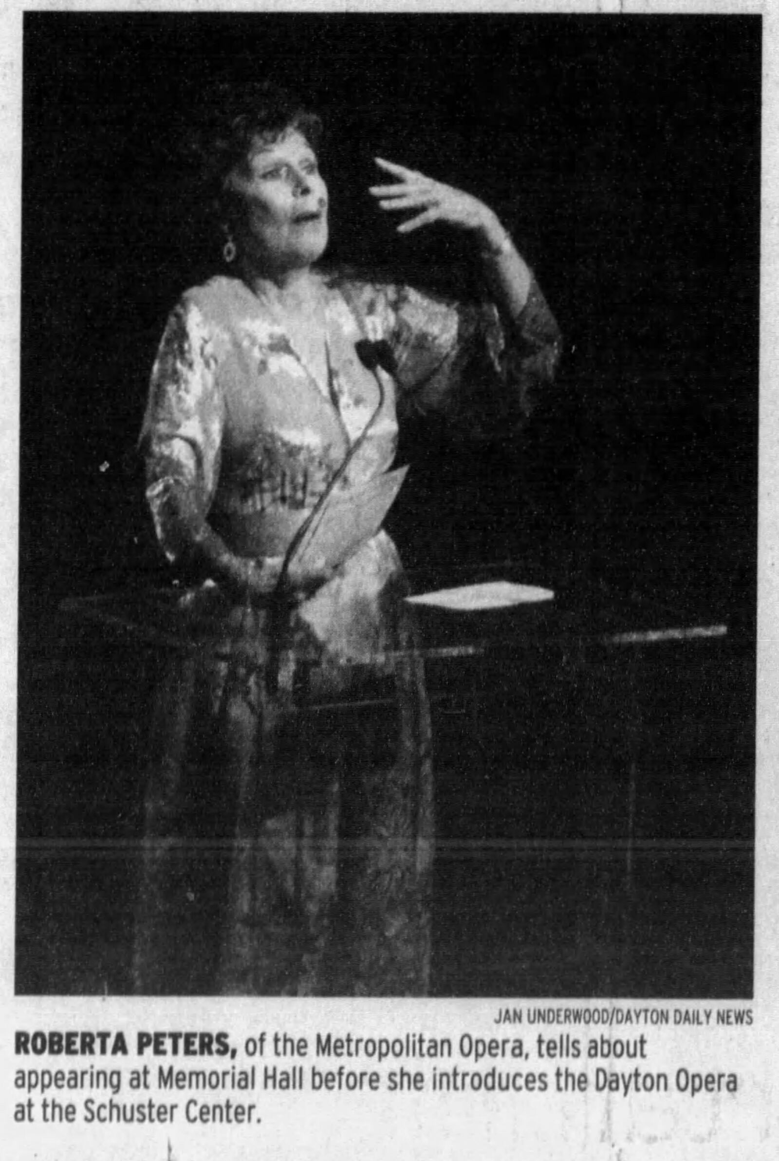 Roberta Peters, of the Metropolitan Opera, tells about appearing at Memorial Hall before she introduced the Dayton Opera on opening night of the Schuster Center in 2003. DAYTON DAILY NEWS ARCHIVES.