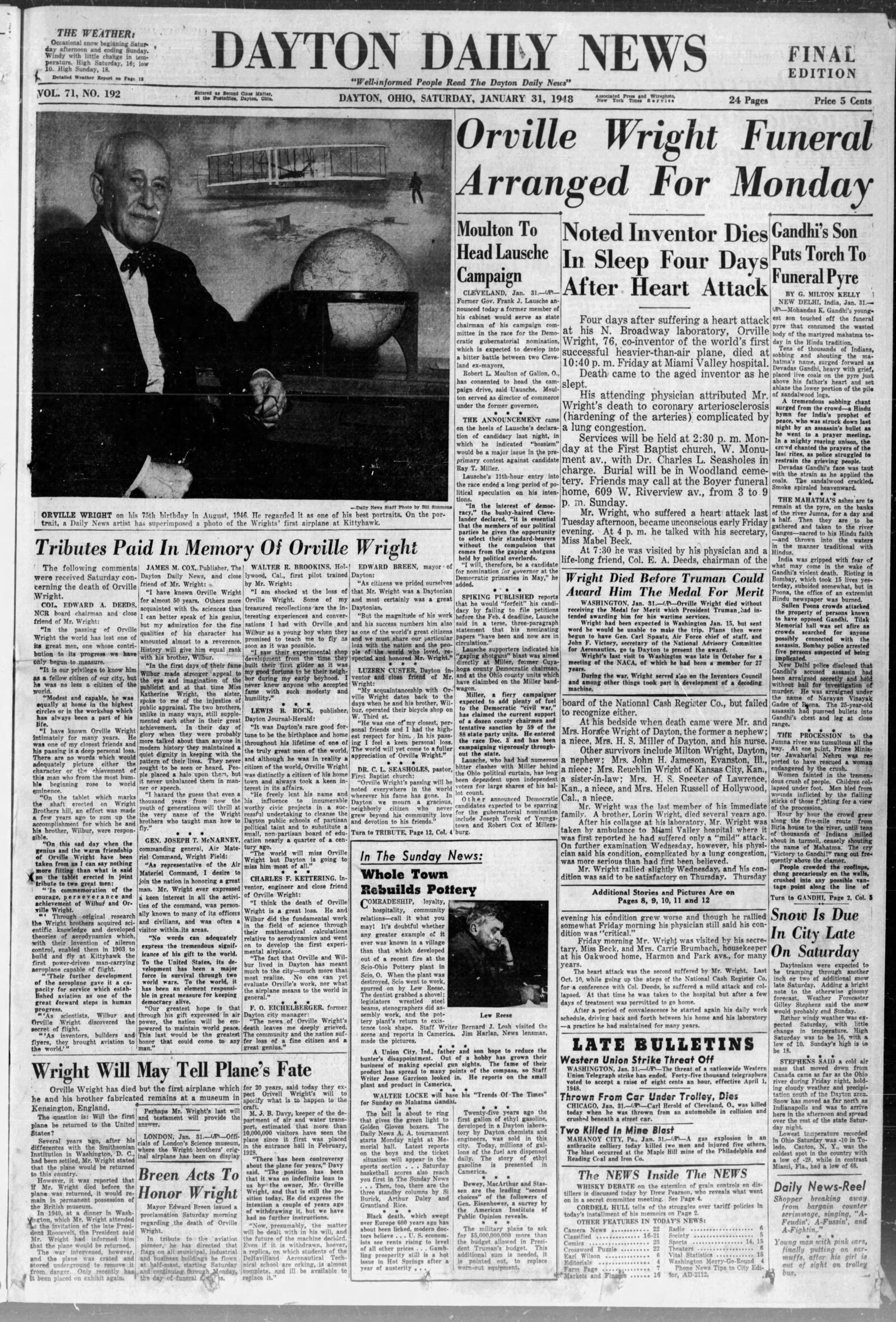 The death of Orville Wright, who achieved the first powered, sustained airplane flight with his brother Wilbur, resonated around the world. Wright died in his sleep at Miami Valley Hospital on Jan. 30, 1948. Tributes to the aviation pioneer poured in from far and wide.