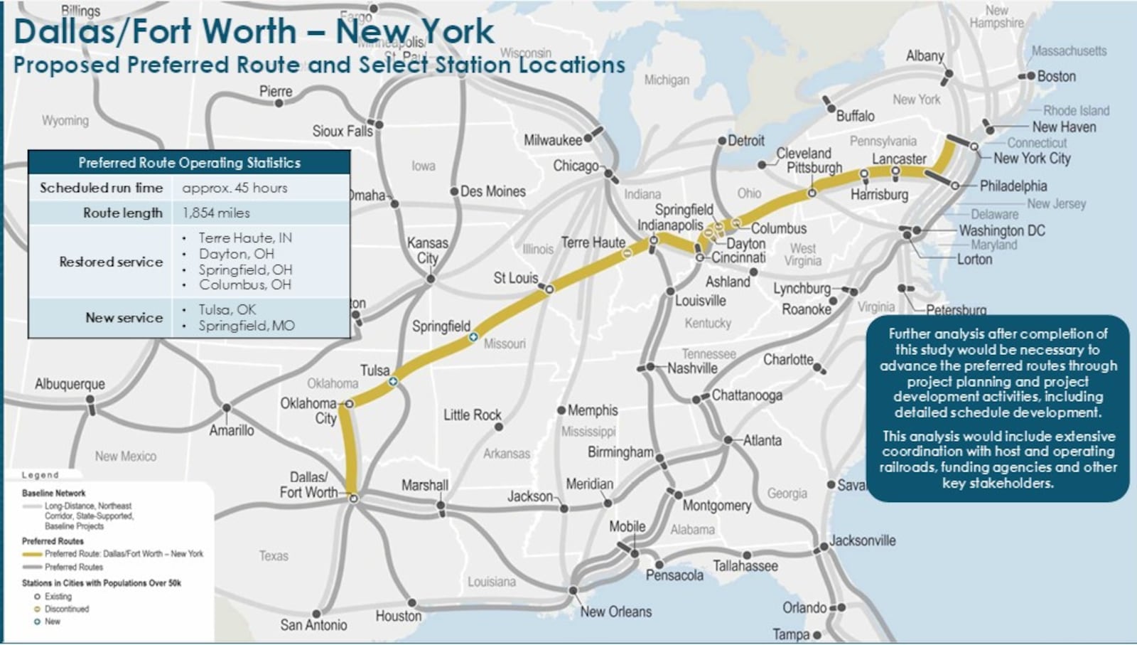 A proposed long-distance passenger rail route between New York and Dallas, Texas, with possible stops and service in Dayton and Springfield. CONTRIBUTED