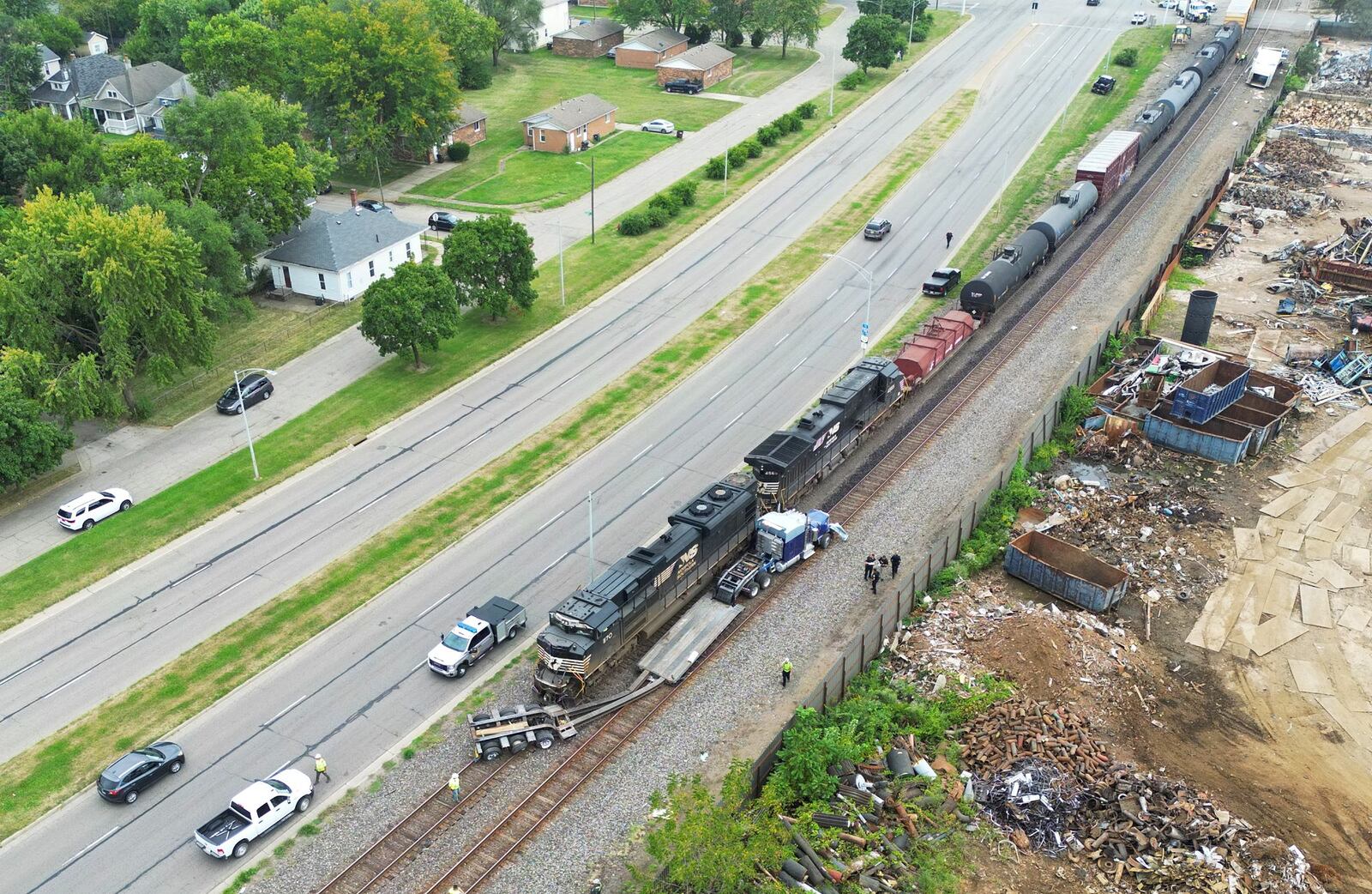 A semi tractor trailer was struck by a train on tracks at a crossing at  at Woodlawn Avenue and University Boulevard in Middletown Sept. 7, 2023. No one was injured. NICK GRAHAM/STAFF