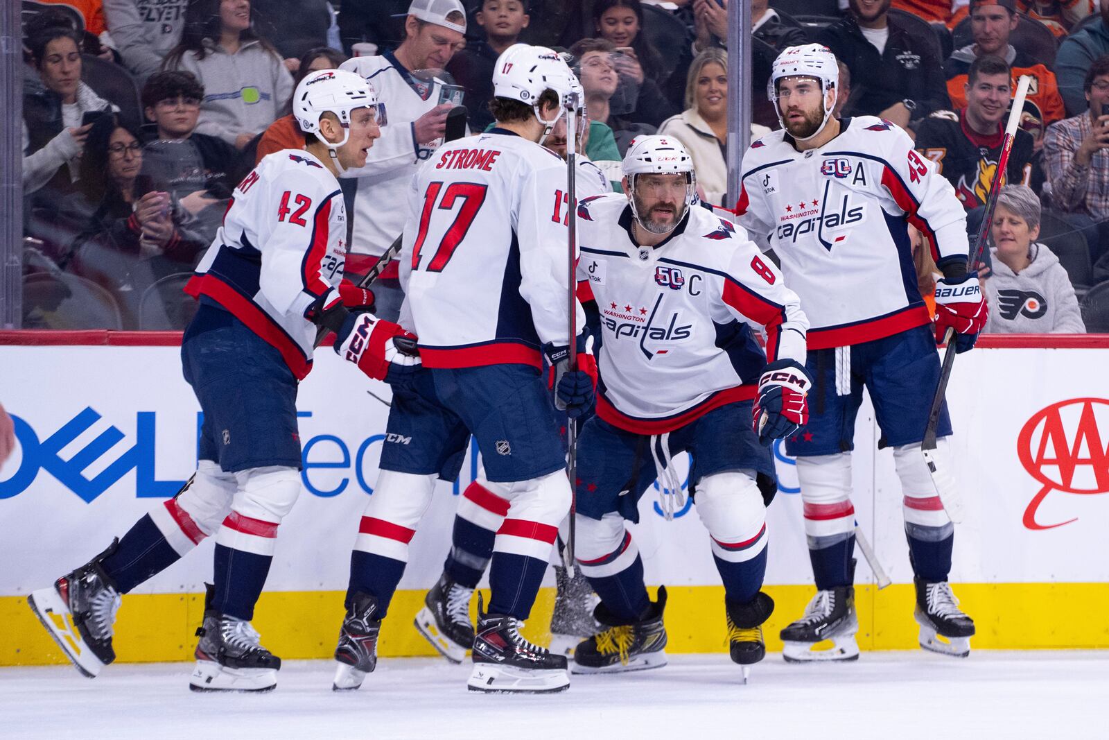 Washington Capitals' Alex Ovechkin, center right, celebrates his goal with teammates during the first period of an NHL hockey game against the Philadelphia Flyers, Thursday, Feb. 6, 2025, in Philadelphia. (AP Photo/Chris Szagola)