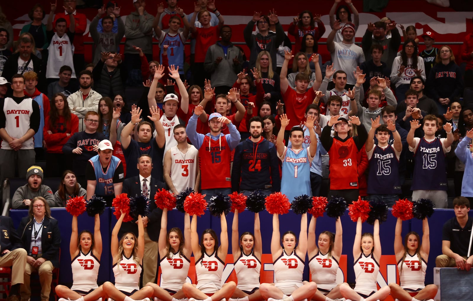 Dayton fans in the Red Scare student section wait for a free-throw attempt by the Flyers against Longwood on Saturday, Dec. 30, 2023, at UD Arena. David Jablonski/Staff