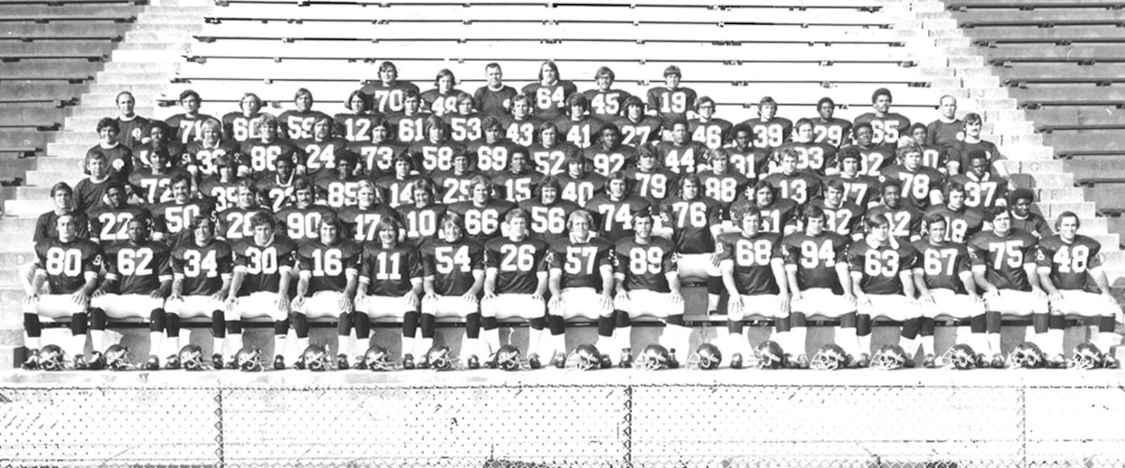 The 1973 Dayton football team photo, with an empty space for Matt Dahlinghaus in the front row. Univeristy of Dayton photo