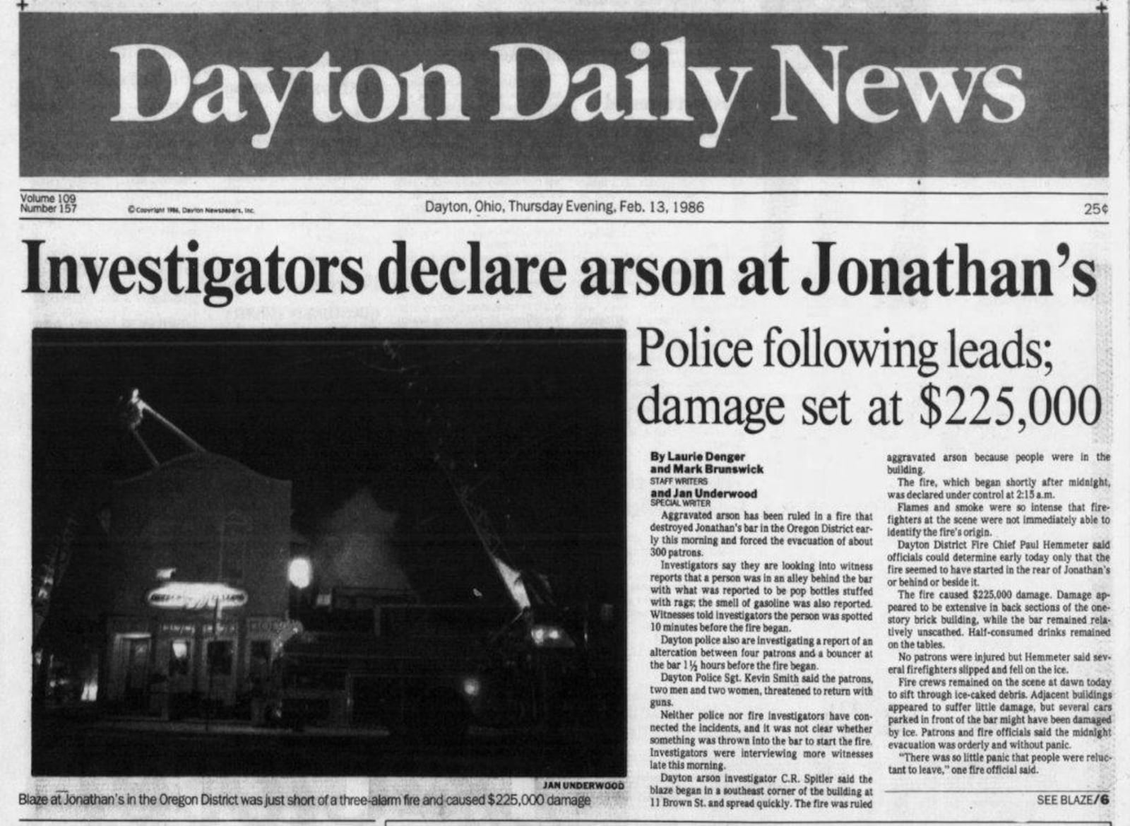 Dayton Daily News front page of Feb. 13, 1986.