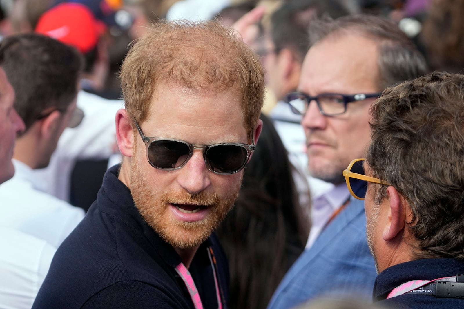 FILE -Prince Harry, The Duke of Sussex, attends the Formula One U.S. Grand Prix auto race at Circuit of the Americas, Oct. 22, 2023, in Austin, Texas. (AP Photo/Darron Cummings), File)