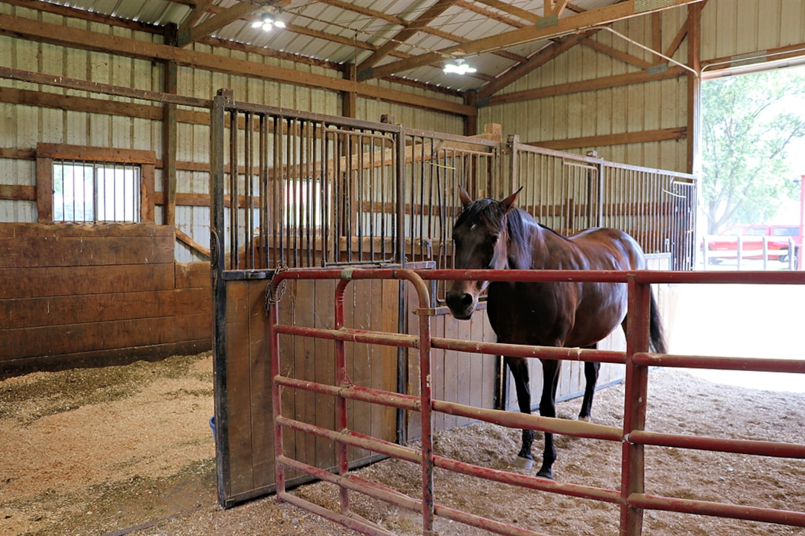 At the back of the property, the red barn has skylights, added lighting and electricity, three stalls and a concrete wash area and tack space. 