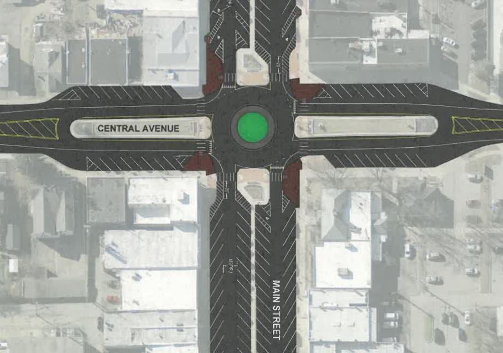 Fairborn is proposing to redesign the Main Street/Central Avenue intersection at the city’s center into a roundabout. CONTRIBUTED