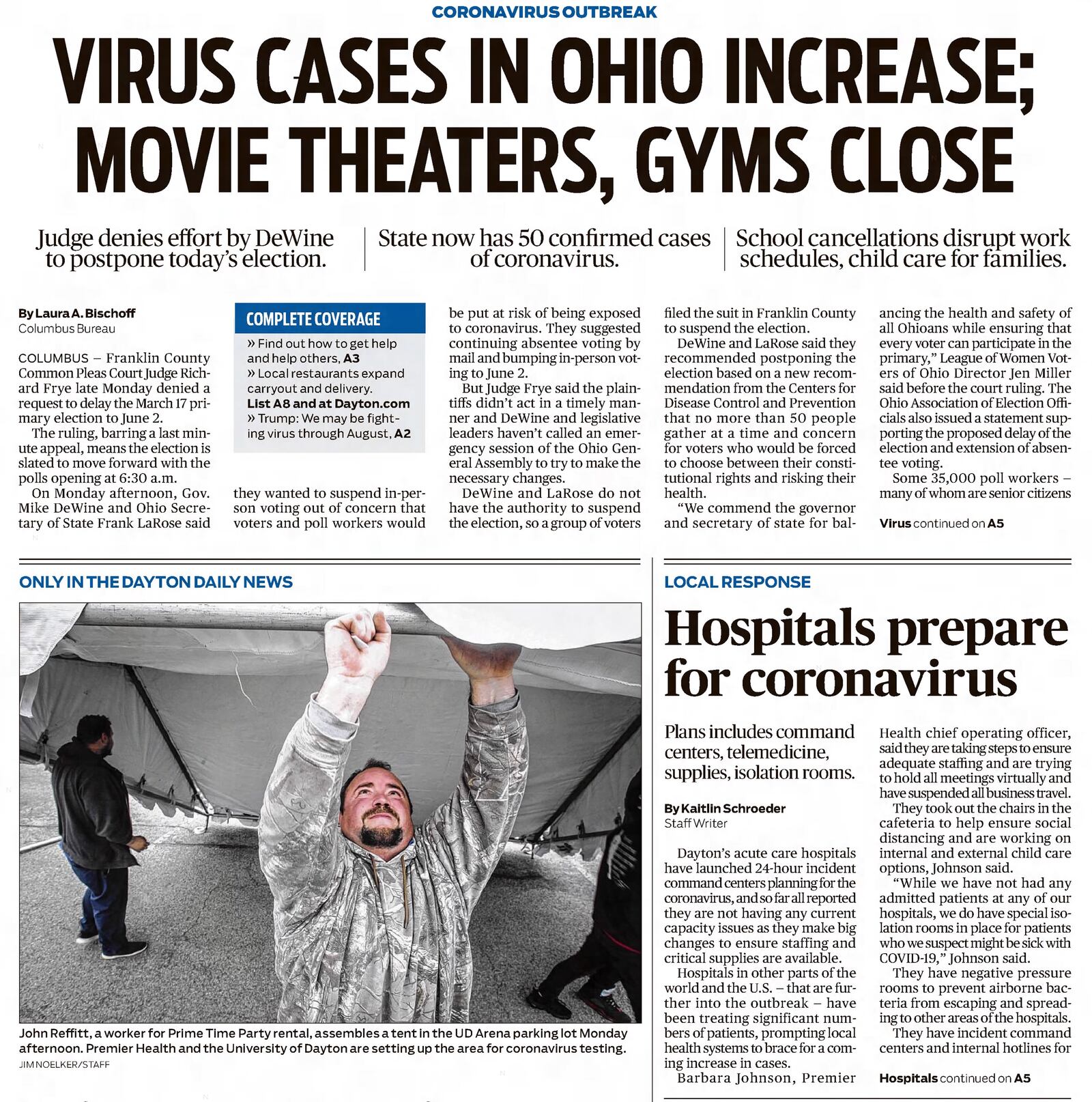 The front page of the Dayton Daily News, March 17, 2020. DAYTON DAILY NEWS ARCHIVES