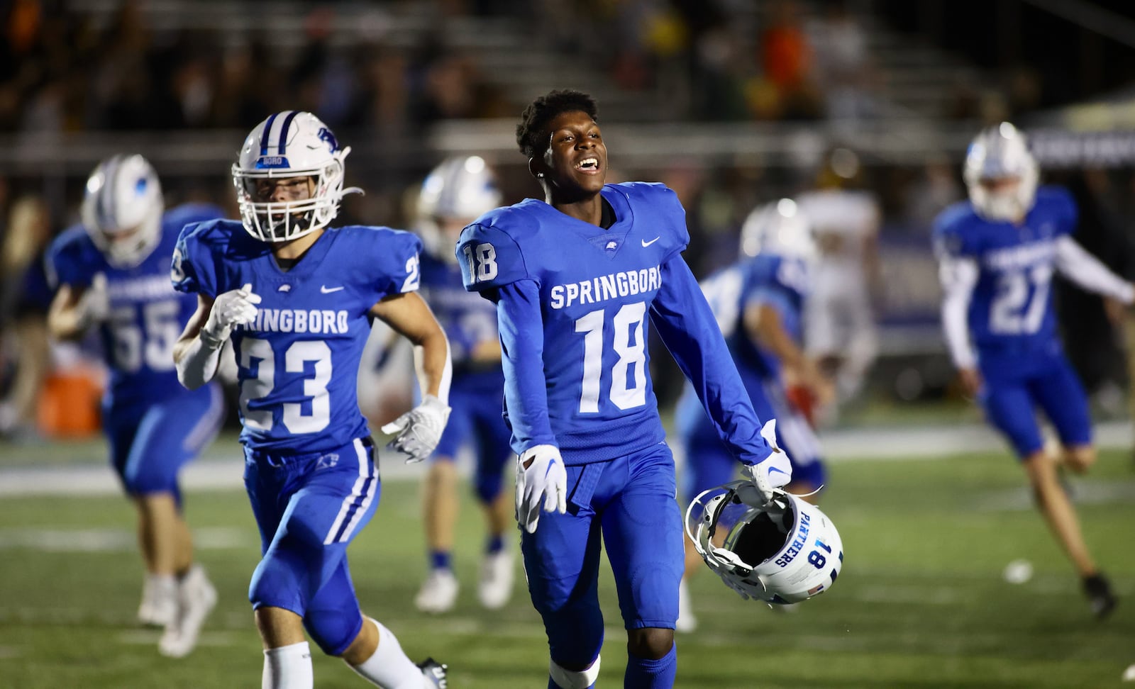 Springboro's Willizhaun Yates celebrates a victory against Centerville on Friday, Sept. 23, 2022, at CareFlight Field in Springboro. David Jablonski/Staff