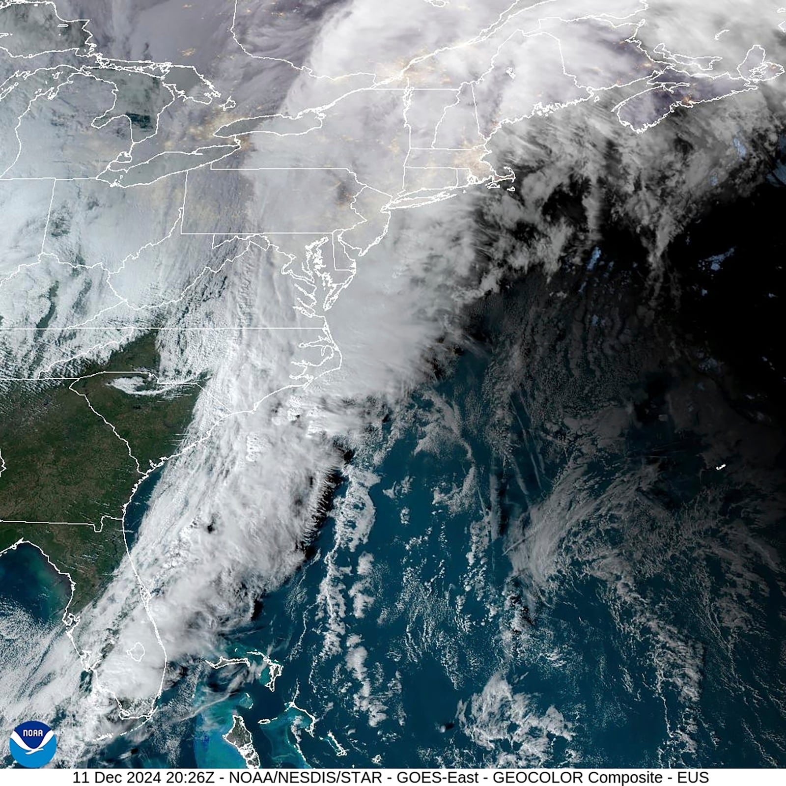 This Dec. 11. 2024 image provided by the National Oceanic and Atmospheric Administration (NOAA), shows a storm passing through the U.S. Atlantic east coast. (NOAA via AP)