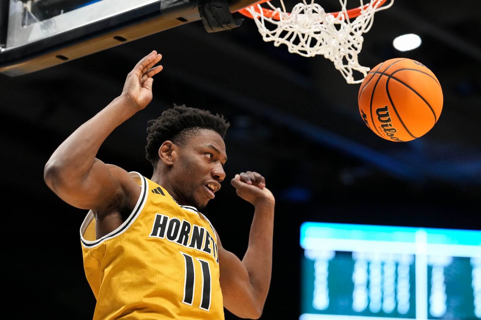 Alabama State guard Micah Octave dunks during the second half of a First Four college basketball game against Saint Francis in the NCAA Tournament, Tuesday, March 18, 2025, in Dayton, Ohio. (AP Photo/Jeff Dean)