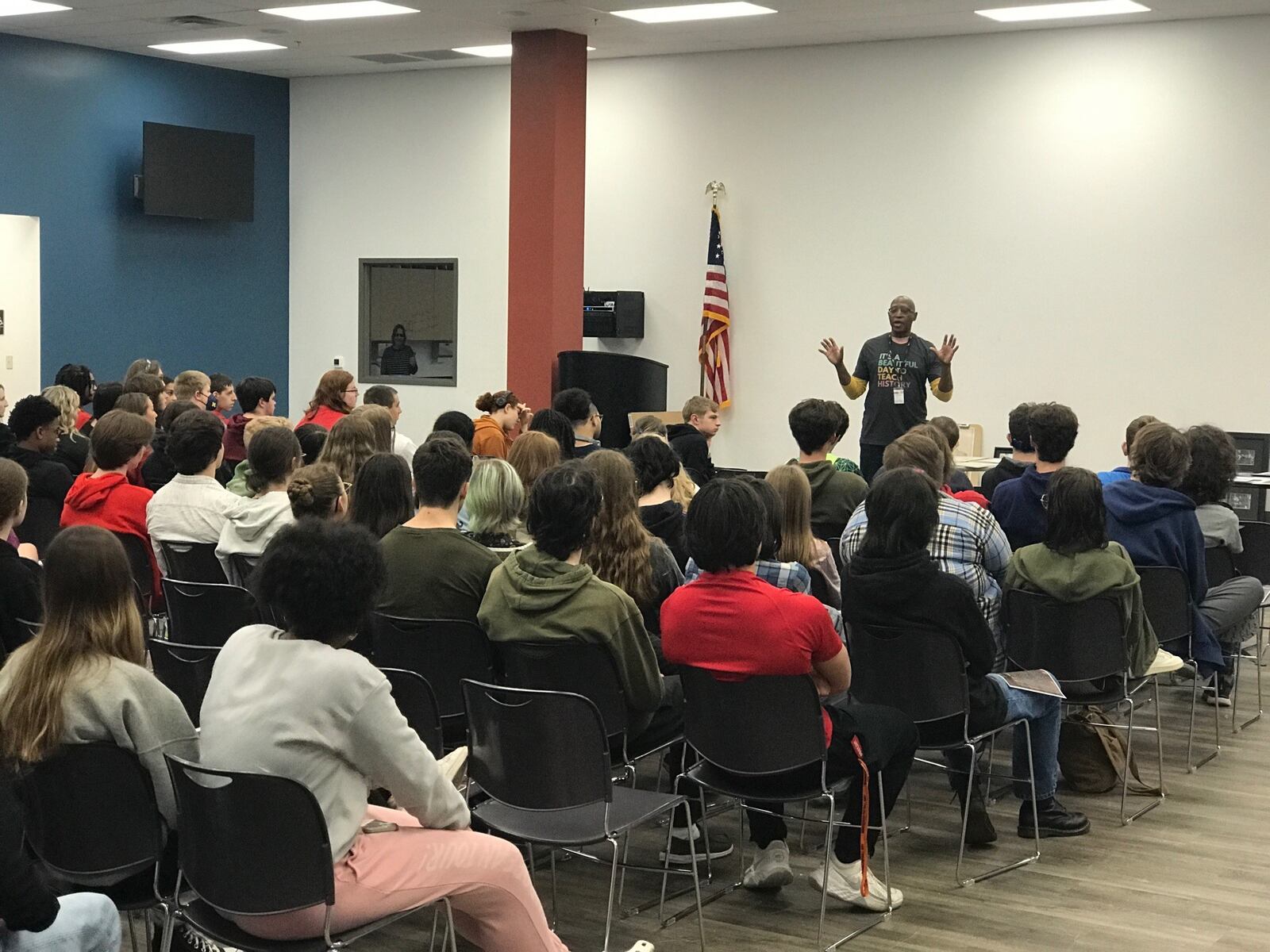 Michael Carter, Chief Diversity Officer at Sinclair Community College and former Springfield South and Trotwood Madison basketball coach, speaks to stidents at the Dayton Regional STEM School the other day, Tom Archdeacon/CONTRIBUTED