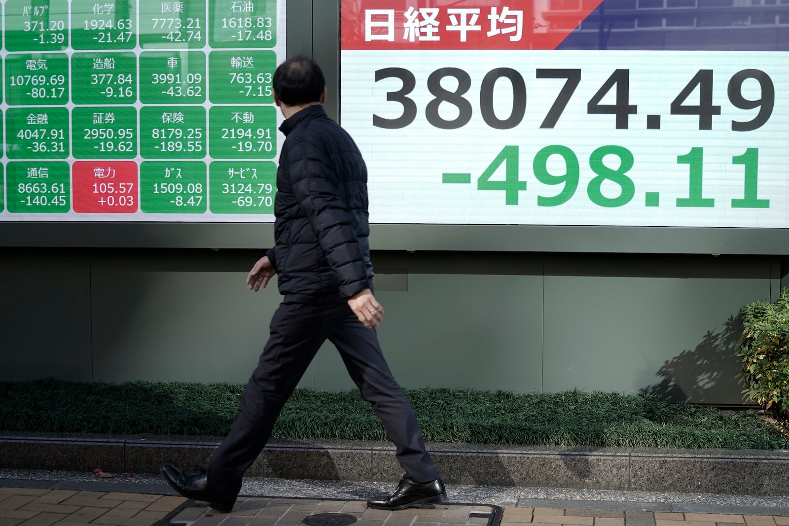 A person walks in front of an electronic stock board showing Japan's Nikkei index at a securities firm Friday, Jan. 17, 2025, in Tokyo. (AP Photo/Eugene Hoshiko)