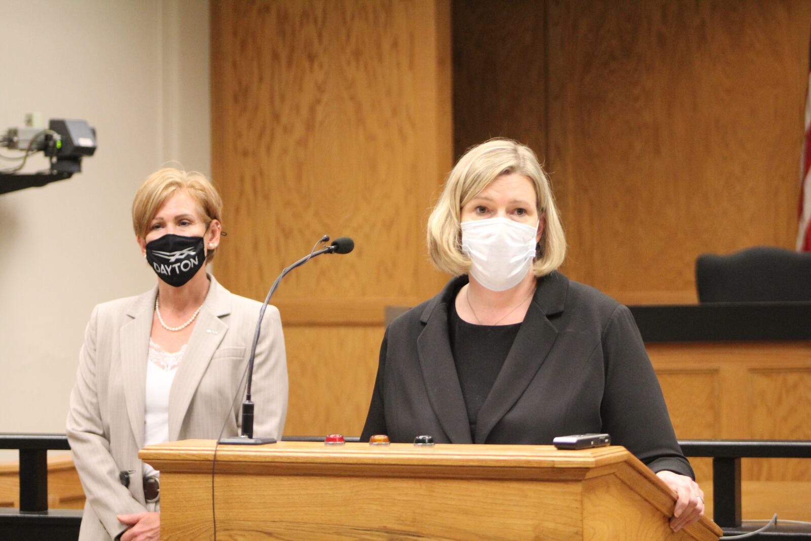 Dayton Mayor Nan Whaley and City Manager Shelley Dickstein at a recent press conference. CORNELIUS FROLIK / STAFF