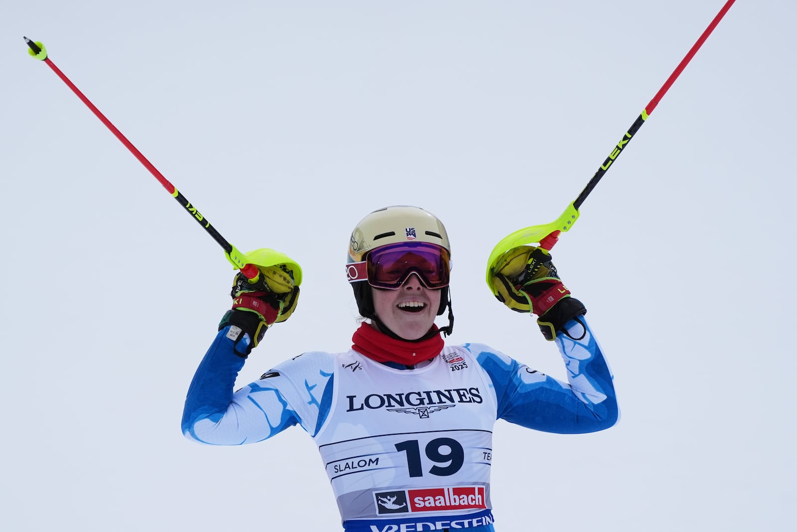 United States' A.J. Hurt celebrates at the finish area of a slalom run of a women's team combined event, at the Alpine Ski World Championships, in Saalbach-Hinterglemm, Austria, Tuesday, Feb. 11, 2025. (AP Photo/Giovanni Auletta)