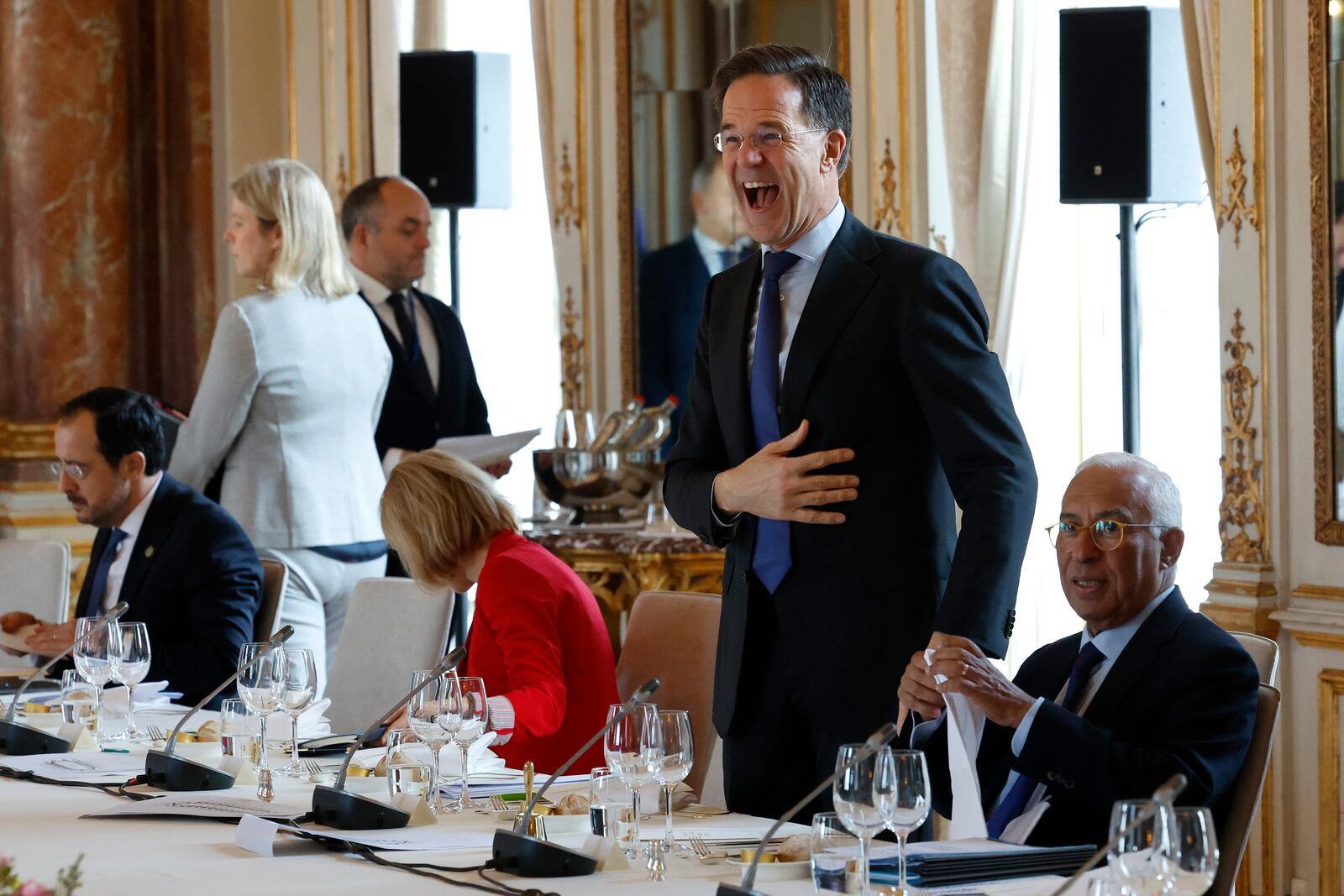 NATO Secretary General Mark Rutte addresses minsters on the other side of the room during an EU summit at the Egmont Palace in Brussels, Monday, Feb. 3, 2025. (AP Photo/Geert Vanden Wijngaert, Pool)