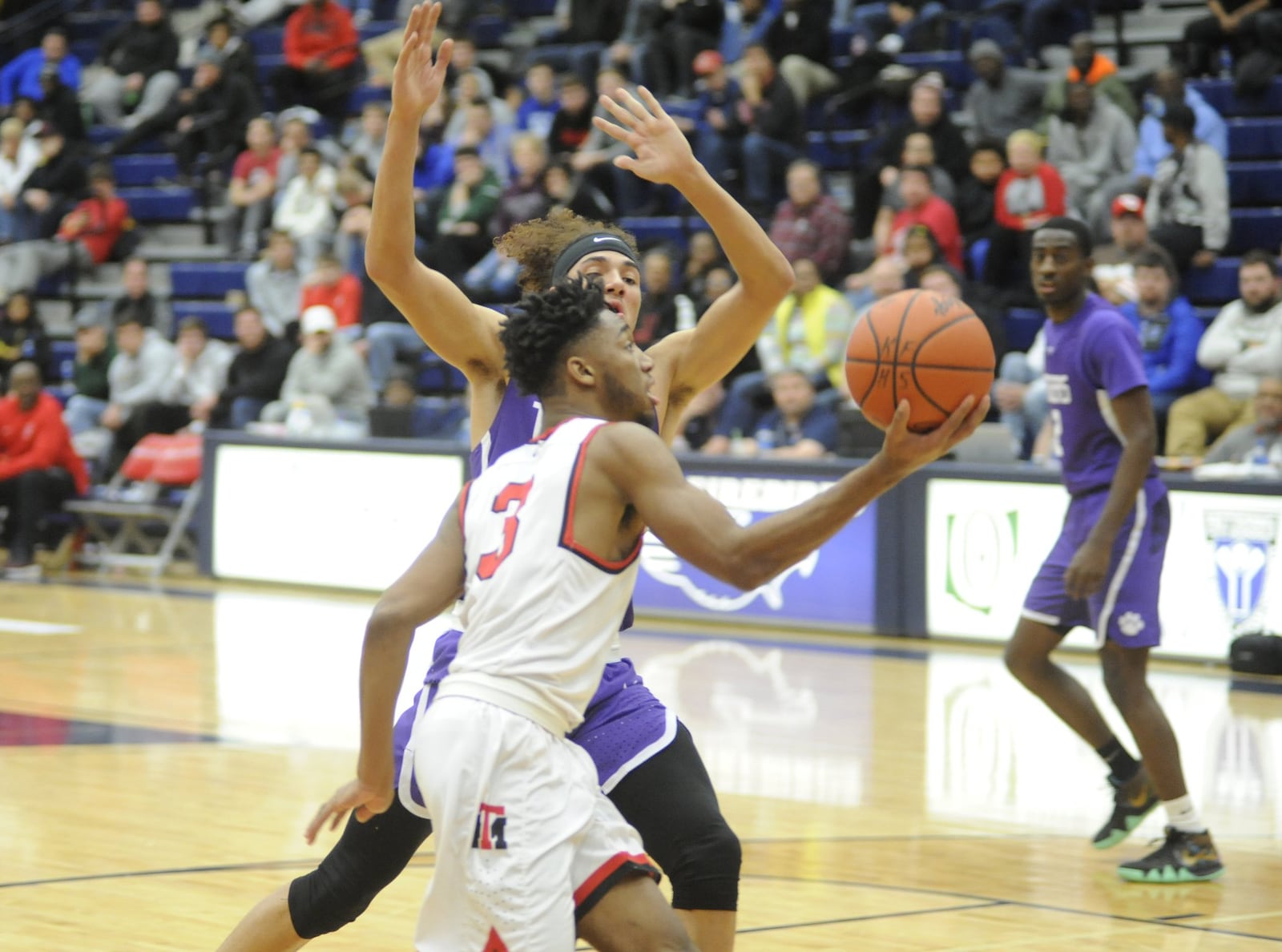 Trotwood’s Sammy Davis (with ball) drives to the basket. Pickerington Central defeated Trotwood-Madison 95-80 in the 17th annual Premier Health Flyin’ to the Hoop at Trent Arena on Monday, Jan. 21, 2019. MARC PENDLETON / STAFF