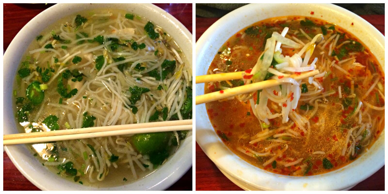 The sliced chicken pho (left) and Sate Shrimp and Pork Pho from Linh's Bistro. Photo source: Vivienne Machi / Staff