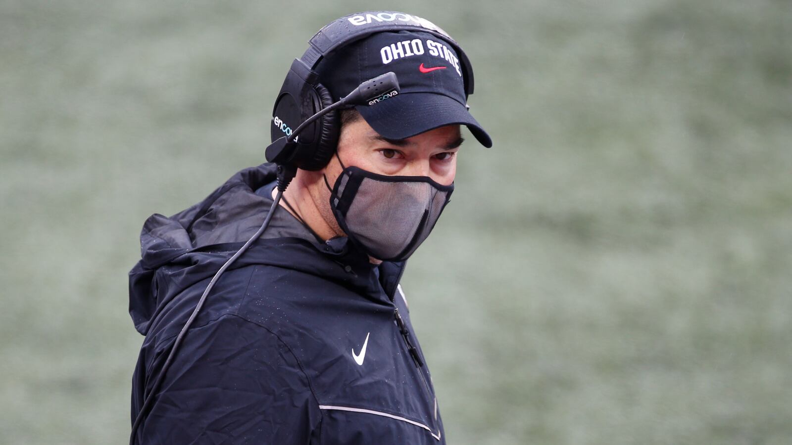 Ohio State head coach Ryan Day talks to his players during an NCAA college football game against Indiana, Saturday, Nov. 21, 2020, in Columbus, Ohio. (AP Photo/Jay LaPrete)