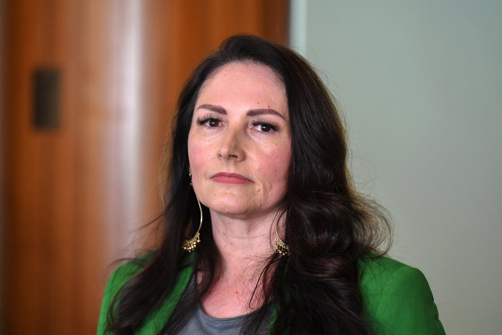 Online safety advocate Sonya Ryan attends a press conference at Parliament House in Canberra, Australia on June 15, 2021. Ryan knows from personal tragedy how dangerous social media can be for children. (Mick Tsikas/AAP Image via AP)