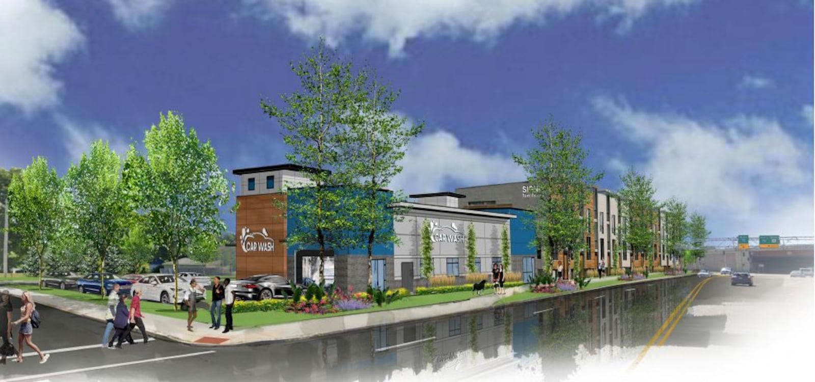 A rendering of new townhomes, ranch-style houses and an express car wash proposed for the 800 block of North Main Street, just north of Interstate 75. CONTRIBUTED