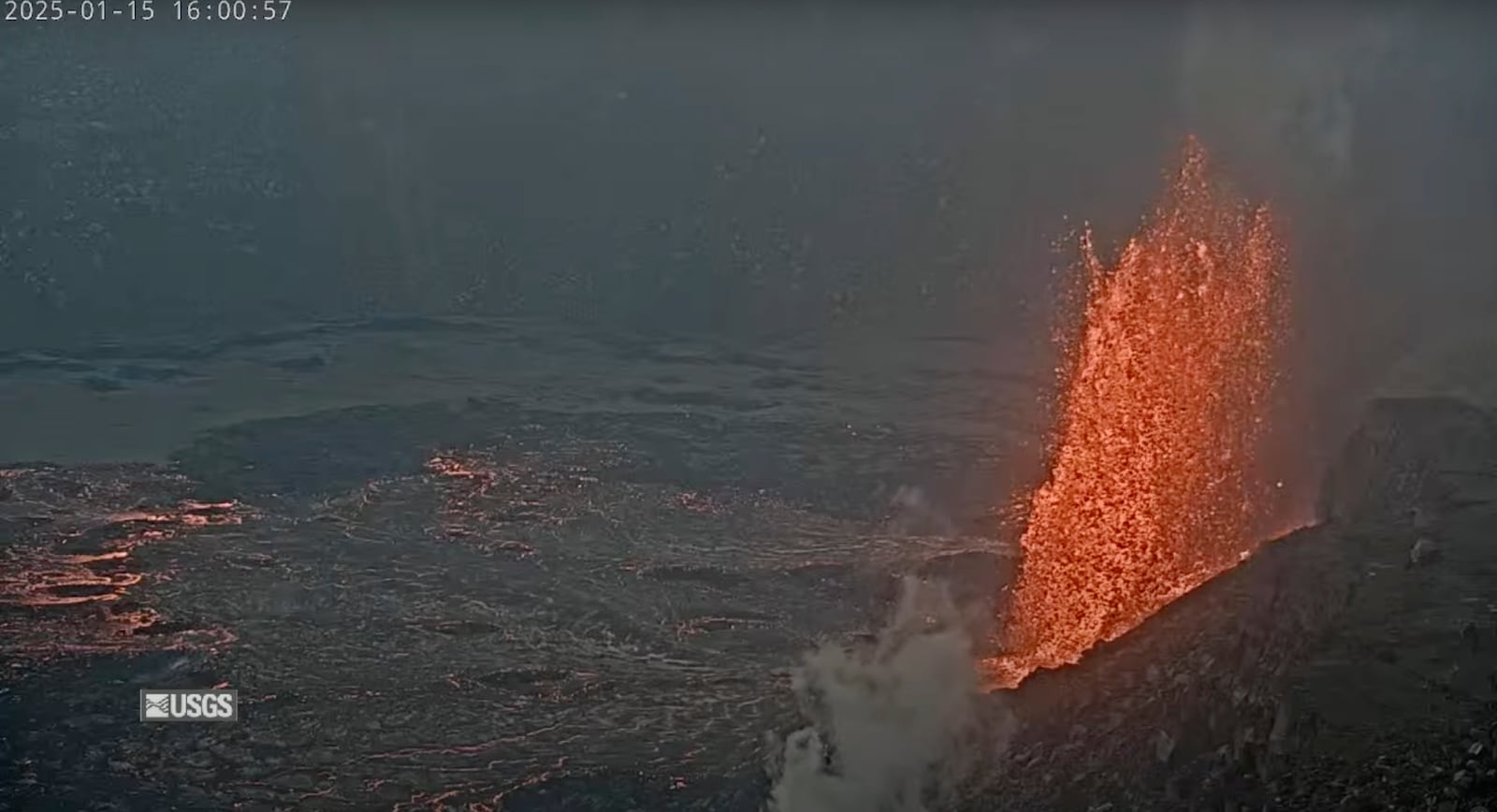 This image taken from video provided by United States Geological Survey on the USGS live feed shows Kilauea Volcano erupting Wednesday, Jan. 15, 2025, in Hawaii. (USGS via AP)