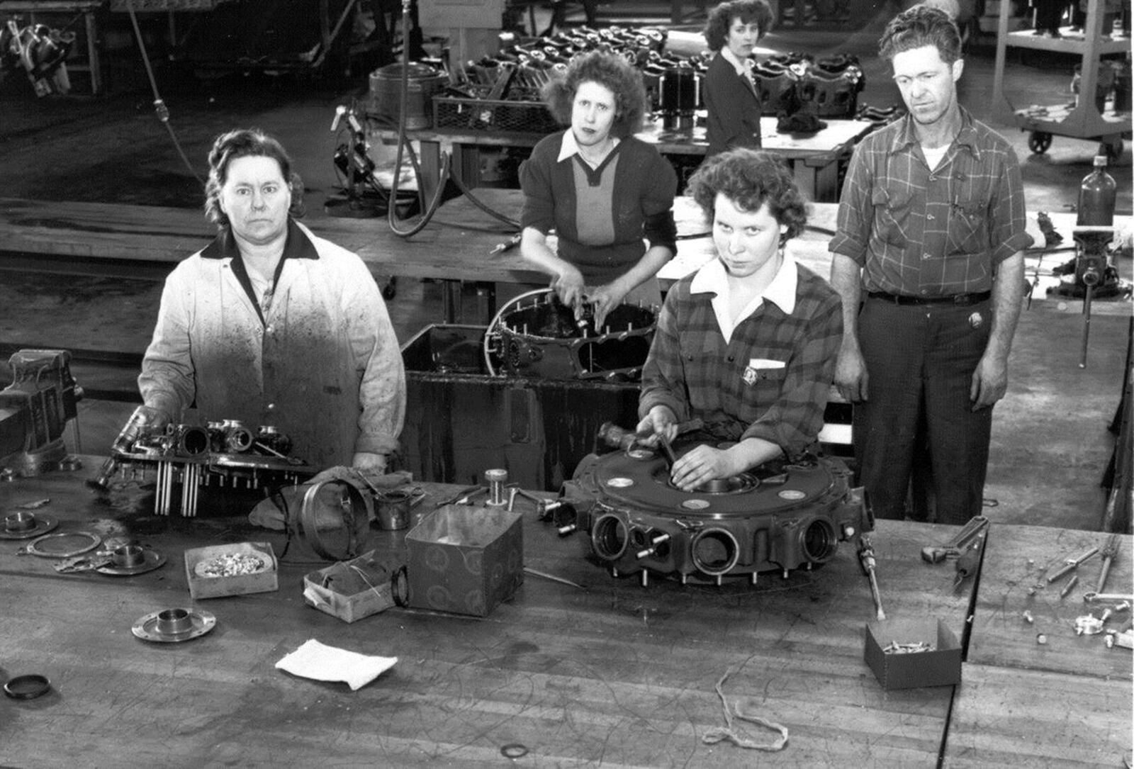 Women employees were recruited to fill critical jobs at Fairfield Air Depot, including overhauling engines.