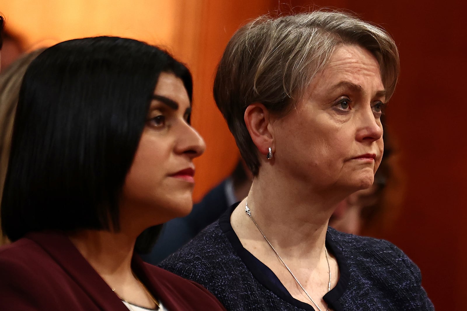 Britain's Justice Secretary Shabana Mahmood, left, and Home Secretary Yvette Cooper listen as Prime Minister Keir Starmer speaks during a press conference at the Downing Street Briefing Room in London, Jan. 21, 2025, following the guilty plea of the Southport attacker Axel Rudakubana. (Henry Nicholls/Pool Photo via AP)