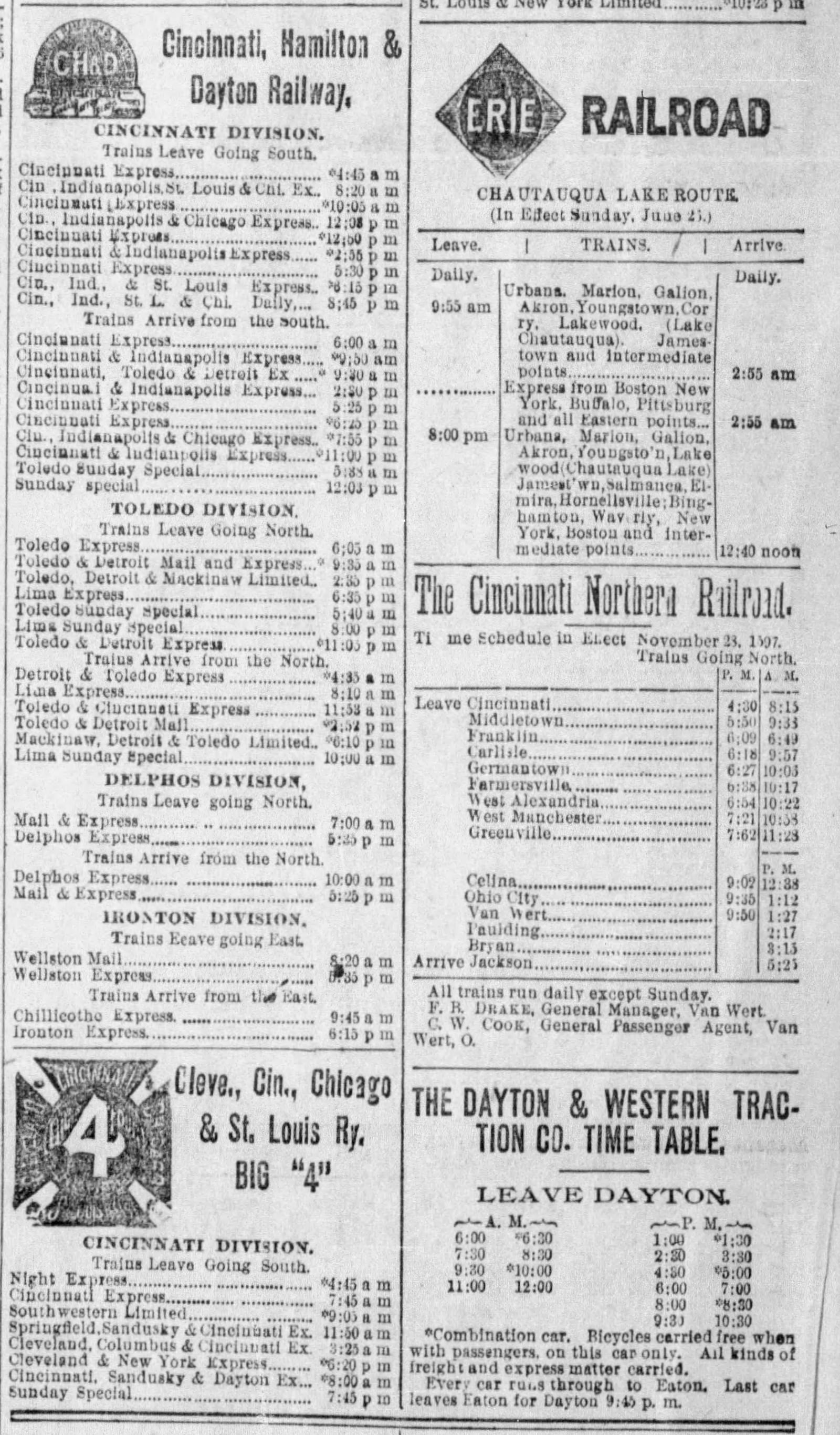 Dayton life in 1898. Train schedules. DAYTON DAILY NEWS ARCHIVES.