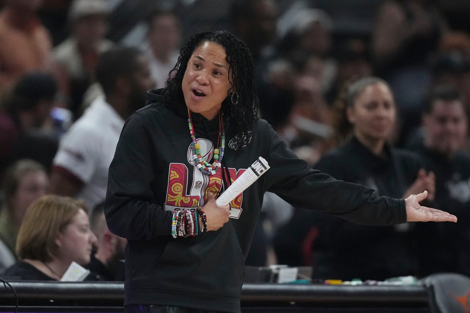 South Carolina head coach Dawn Staley reacts to a call during the first half of an NCAA college basketball game against Texas in Austin, Texas, Sunday, Feb. 9, 2025. (AP Photo/Eric Gay)