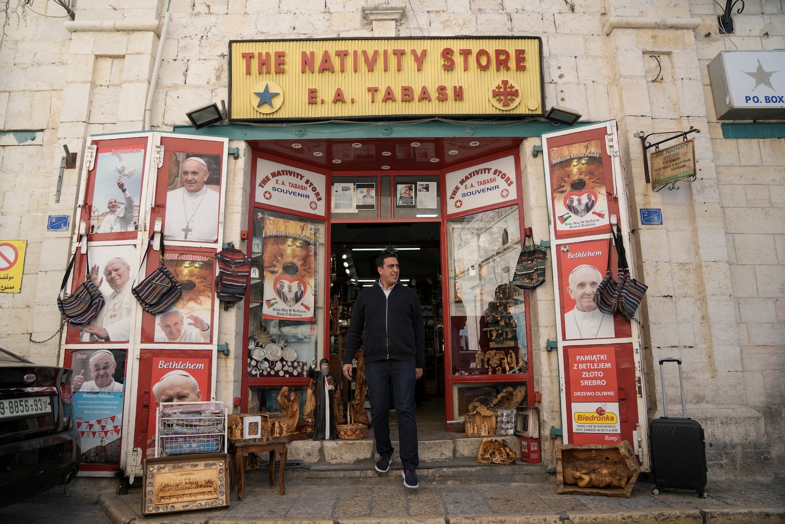 A shop near Church of the Nativity, where Christians believe Jesus Christ was born, seen ahead of Christmas in the West Bank city of Bethlehem, Tuesday, Dec. 17, 2024. (AP Photo/Mahmoud Illean)