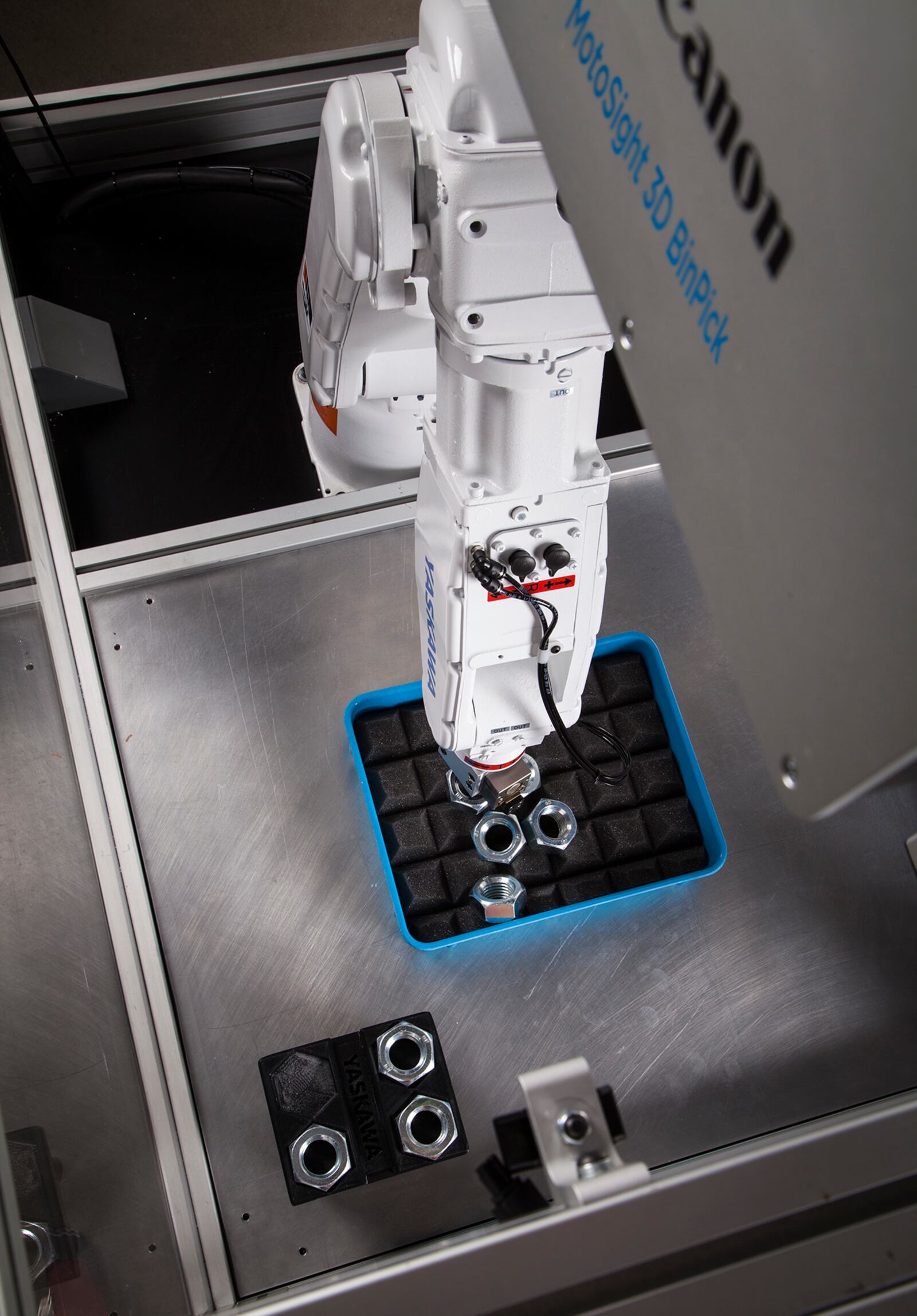 Yasakawa Motoman makes the MotoSight 3D BinPick, which uses a Canon 3D machine vision system to quickly recognize and pick parts that are randomly placed in bins. The technology also provides simplified, accurate part registration and eliminates the need for complicated programming of parts, according to the company. CONTRIBUTED PHOTO