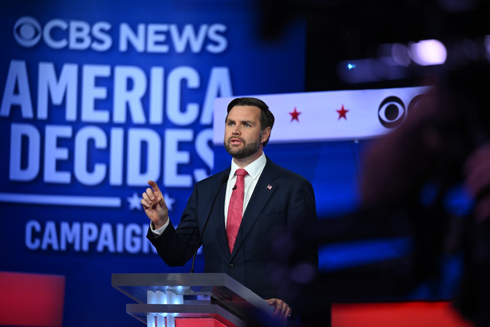 
                        Sen. JD Vance (R-Ohio) speaks during the vice-presidential debate at the CBS Broadcast Center in New York on Tuesday, Oct. 1, 2024. From the opening handshake, Vance sought to reinvent and repackage the record and views of the former president. (Kenny Holston/The New York Times)
                      