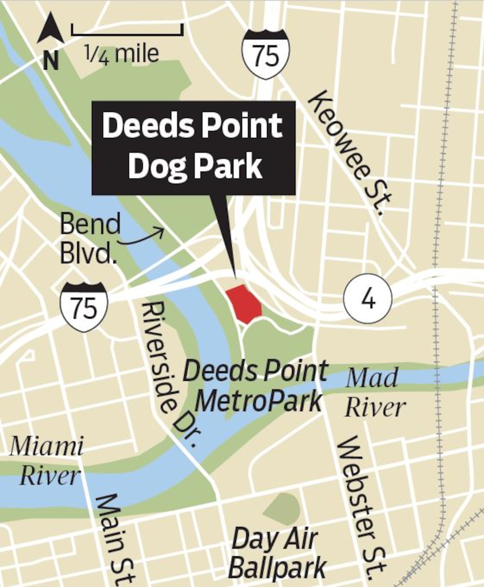 Deeds Point Dog Park is located north of the Mad River,  across from RiverScape and the Water Street District.