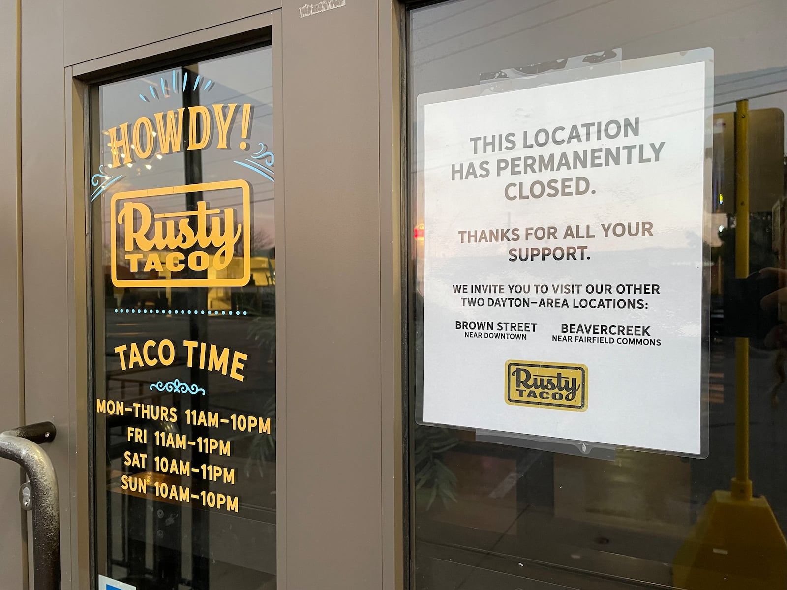 Rusty Taco, located at 2335 Miamisburg-Centerville Road in Miami Twp. near the Dayton Mall, has closed its doors.